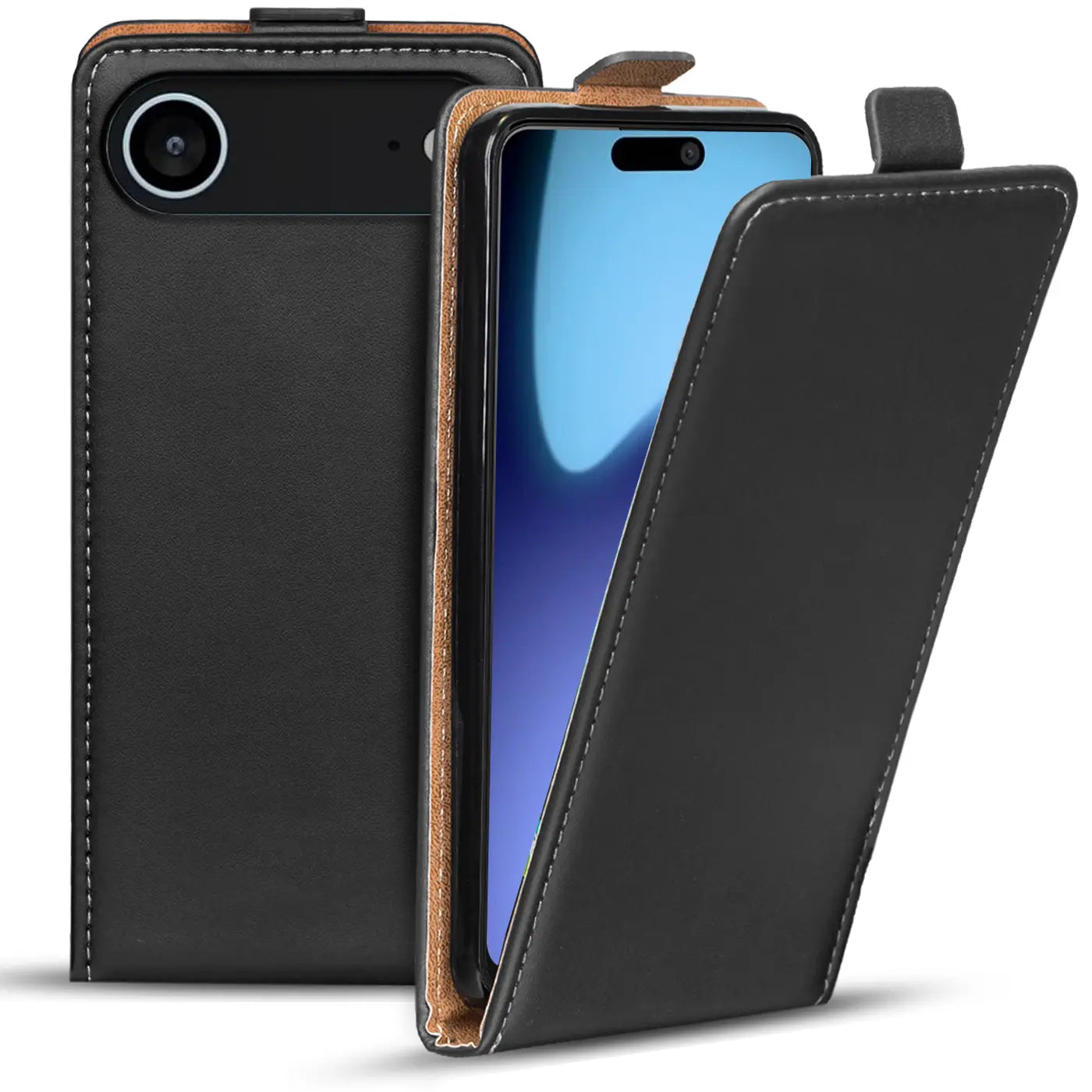 Schwarze Leder-Flip-Hülle mit braunem Rand, zeigt iPhone 17 Air, Vorder- und Rückansicht.