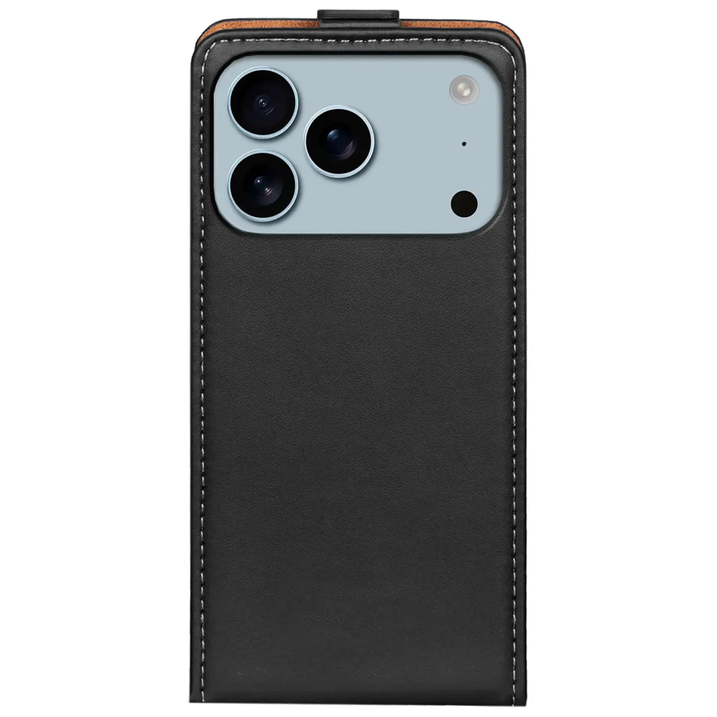 Schwarze Leder-Flip-Hülle mit Nähten, Rückansicht, iPhone 17 Pro Max Kamera.