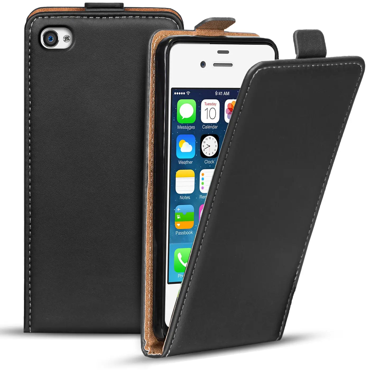 Schwarze Leder-Flip-Hülle mit braunem Innenfutter, zeigt iPhone 4/4S mit geöffneter Klappe.