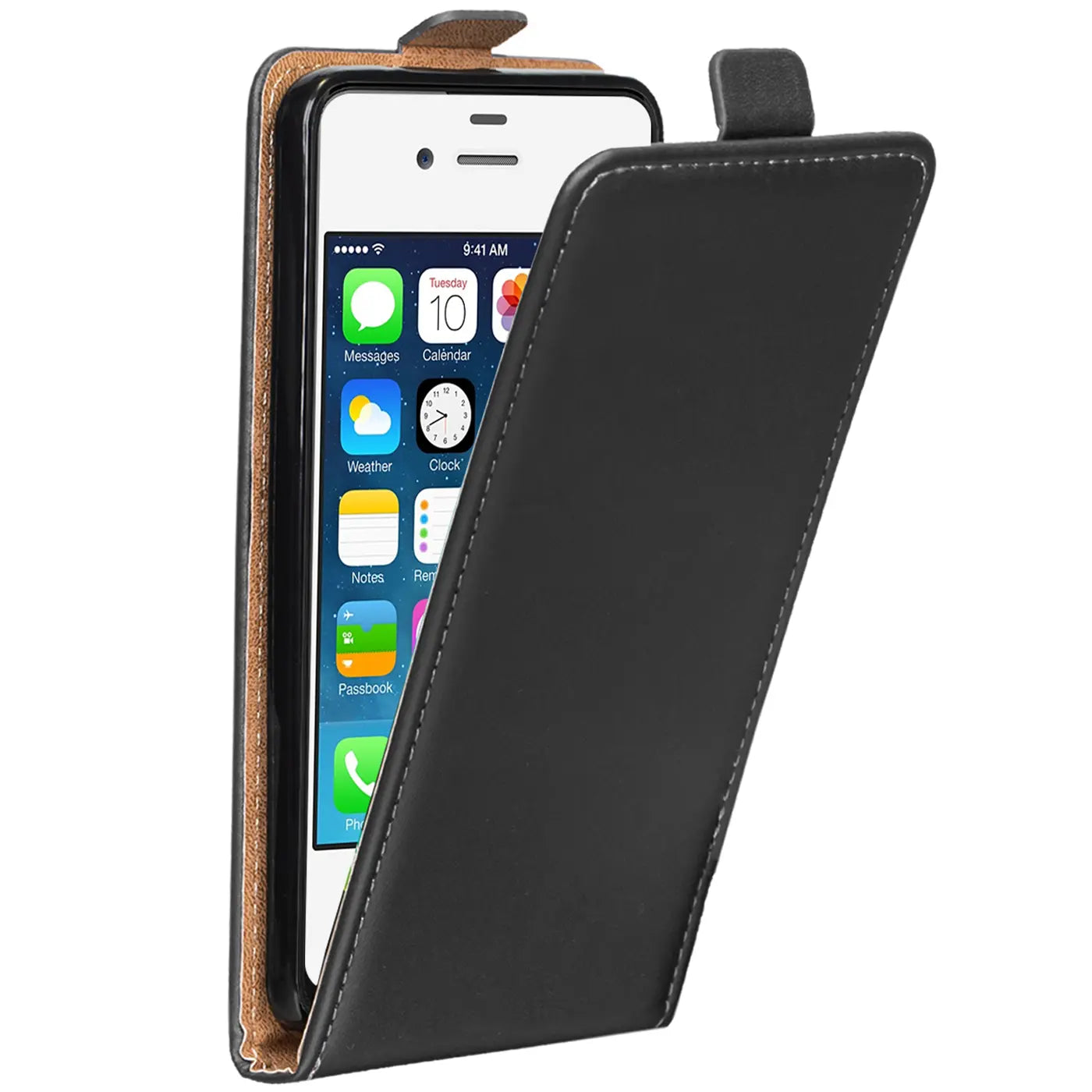Schwarze Leder-Flip-Hülle für iPhone 4/4S, von vorne schräg gezeigt.