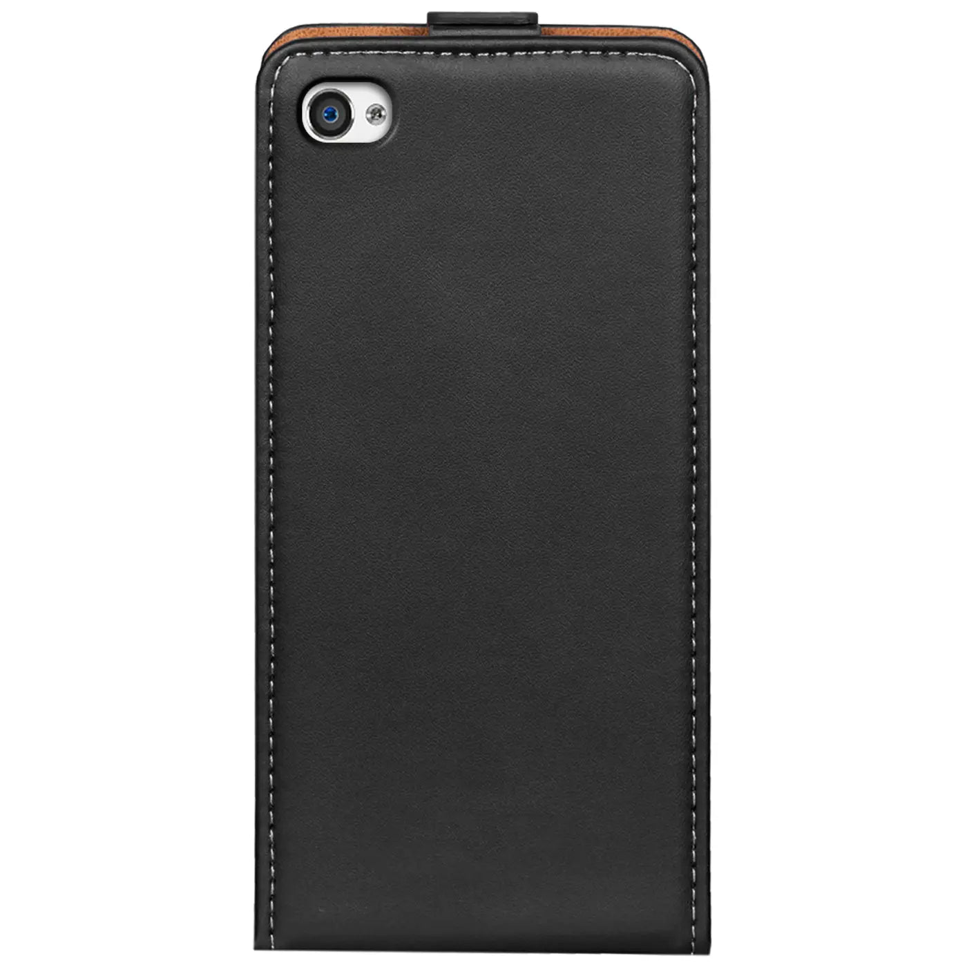 Schwarze Leder-Flip-Hülle für iPhone 4/4S, Rückansicht, mit Kameraaussparung.