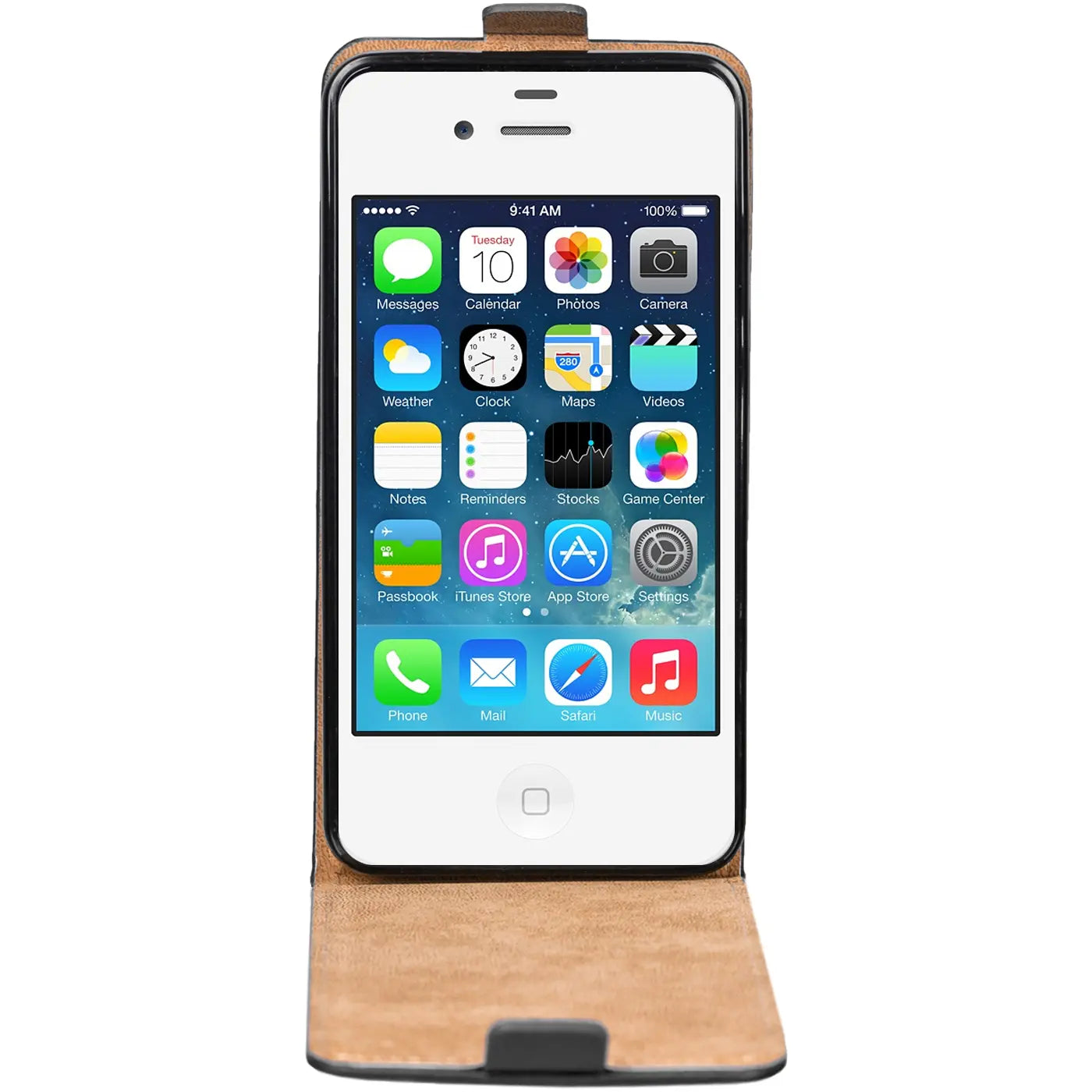 iPhone 4/4S, braune Leder-Flip-Hülle, Vorderansicht