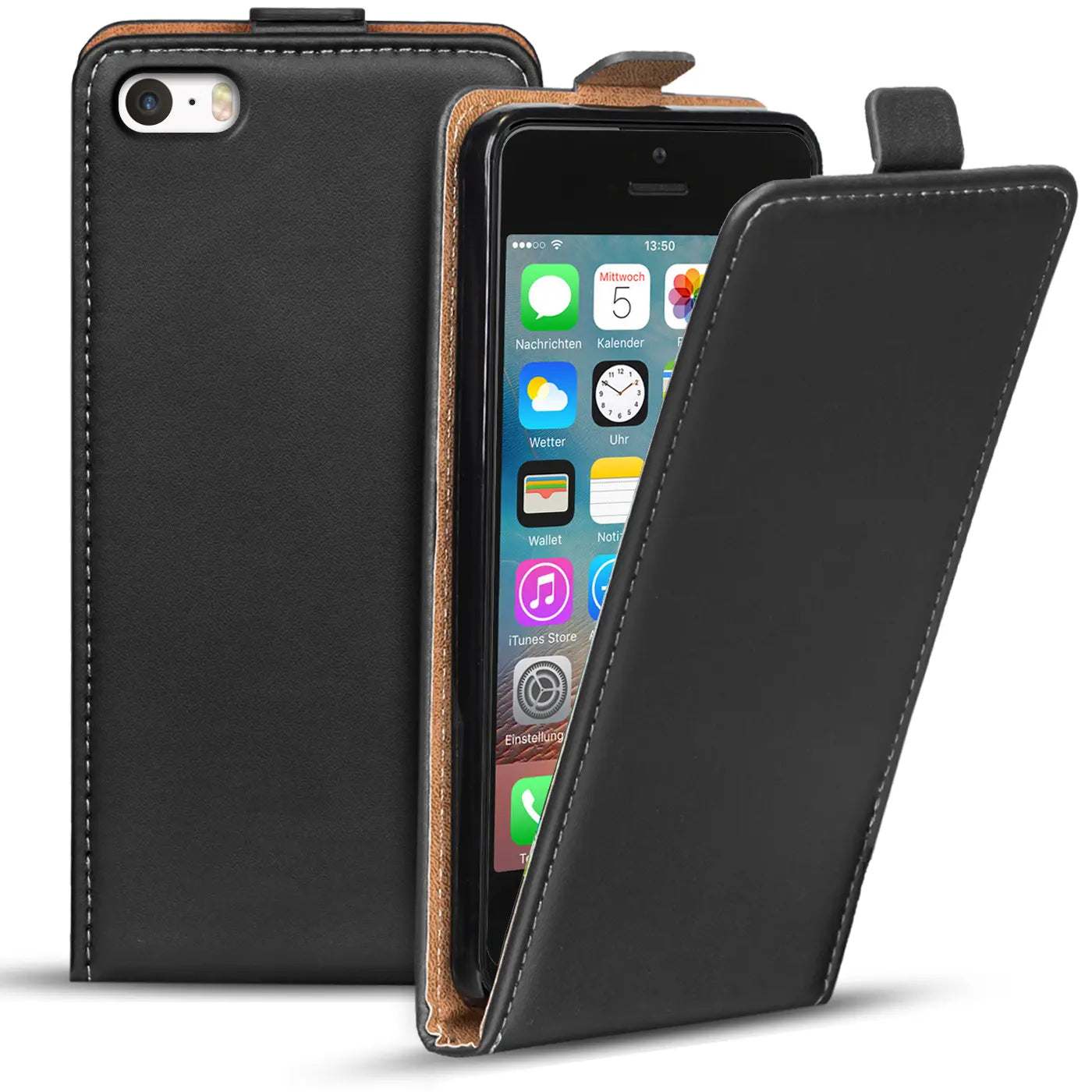 Schwarze Leder-Flip-Hülle mit braunem Innenfutter, zeigt iPhone 5/5S/SE, Vorderansicht.