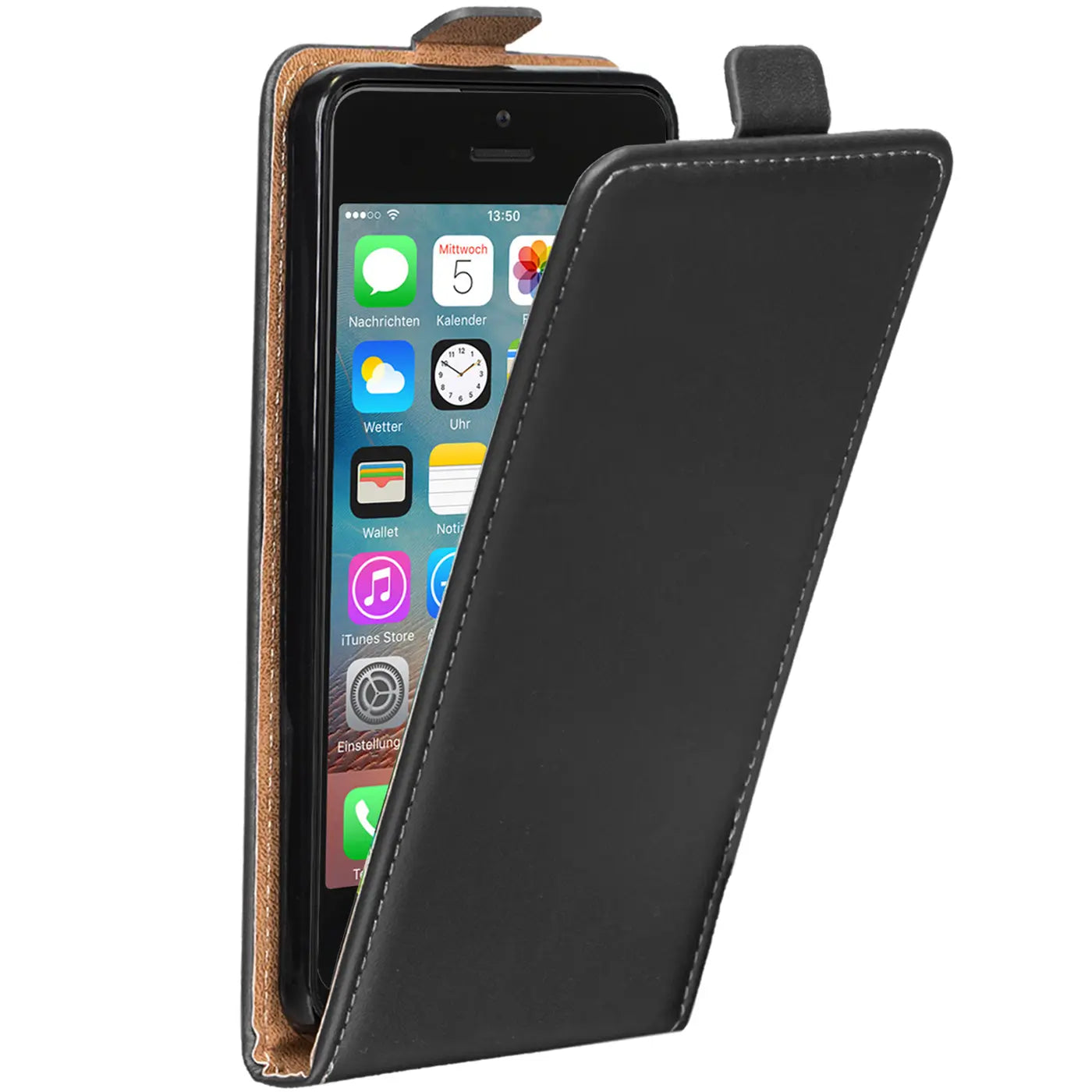 Schwarze Leder-Flip-Hülle mit braunem Innenfutter, schräg von vorne, zeigt iPhone 5/5S/SE.
