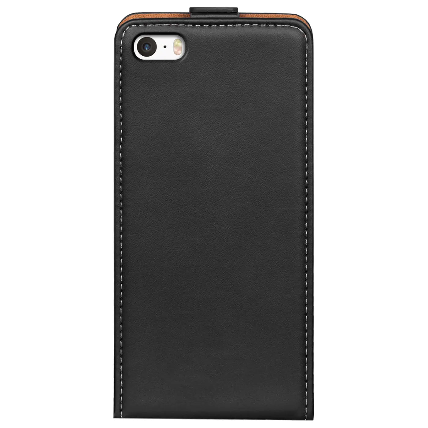 Schwarze Leder-Flip-Hülle für iPhone 5/5S/SE, von vorne gesehen.