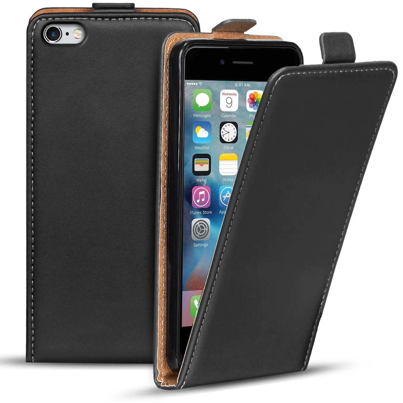 Schwarze Leder-Flip-Hülle mit offenem iPhone 6/6S, von vorne gesehen.