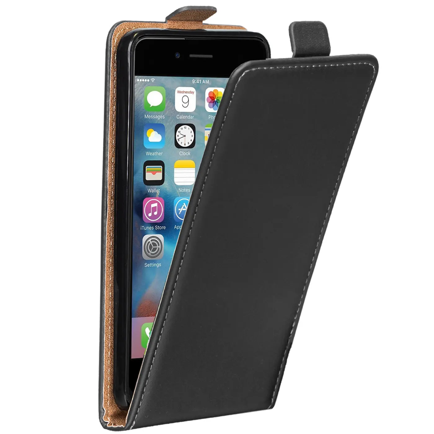 Schwarze Leder-Flip-Hülle mit braunem Innenfutter, zeigt iPhone 6/6S von vorne.