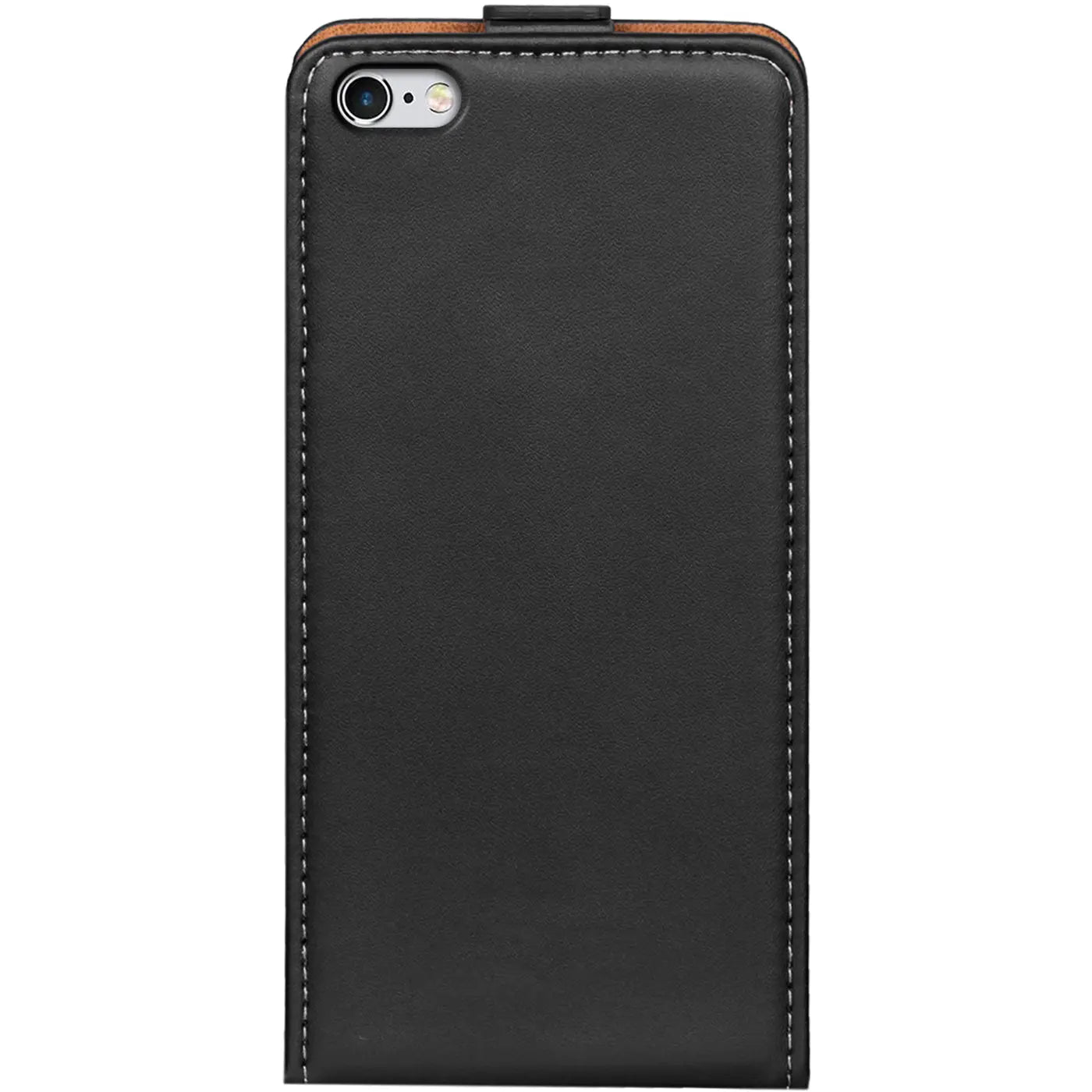 Schwarze Leder-Flip-Hülle für iPhone 6/6S, von oben, mit braunem Rand.