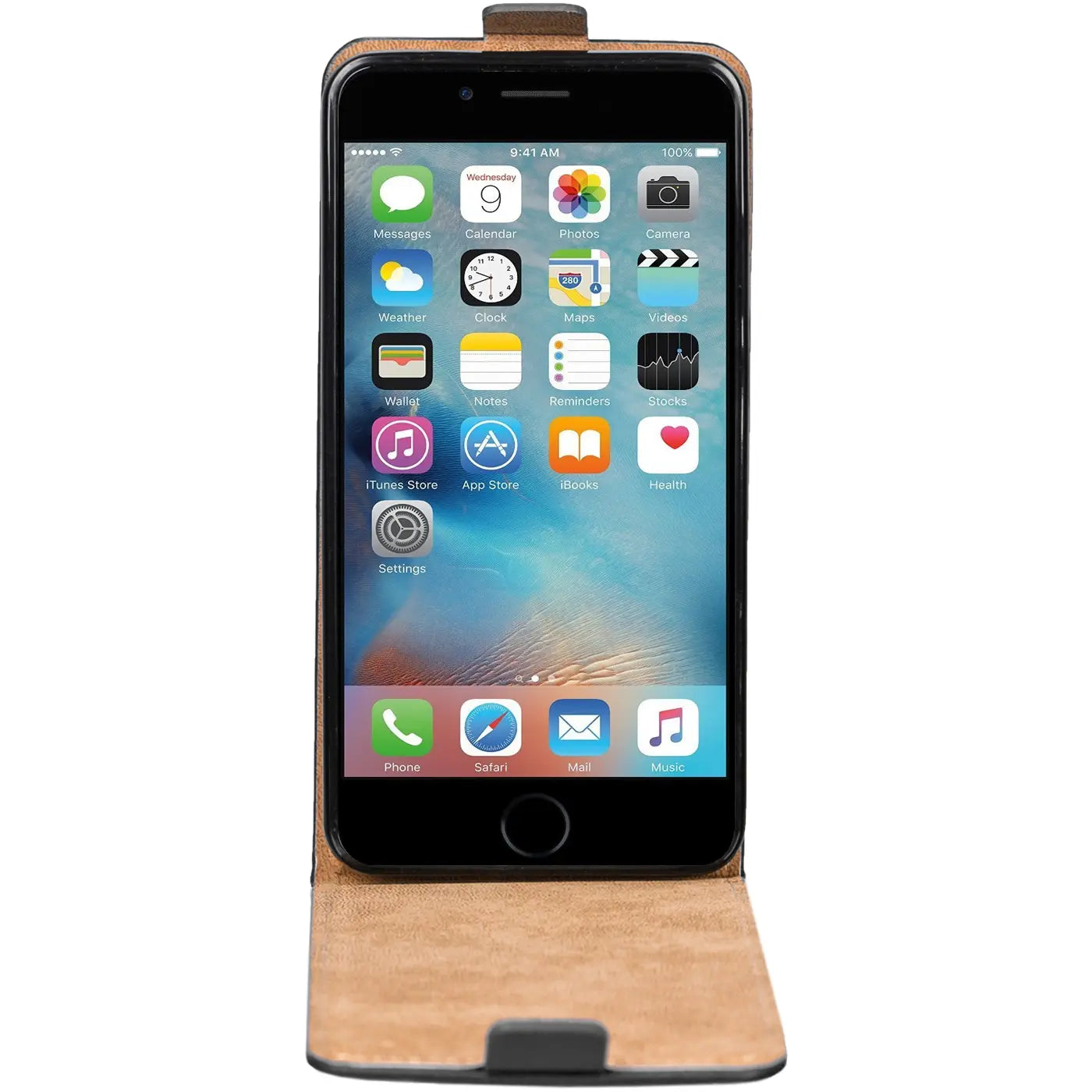 iPhone 6/6S in brauner Leder-Flip-Hülle, Vorderansicht