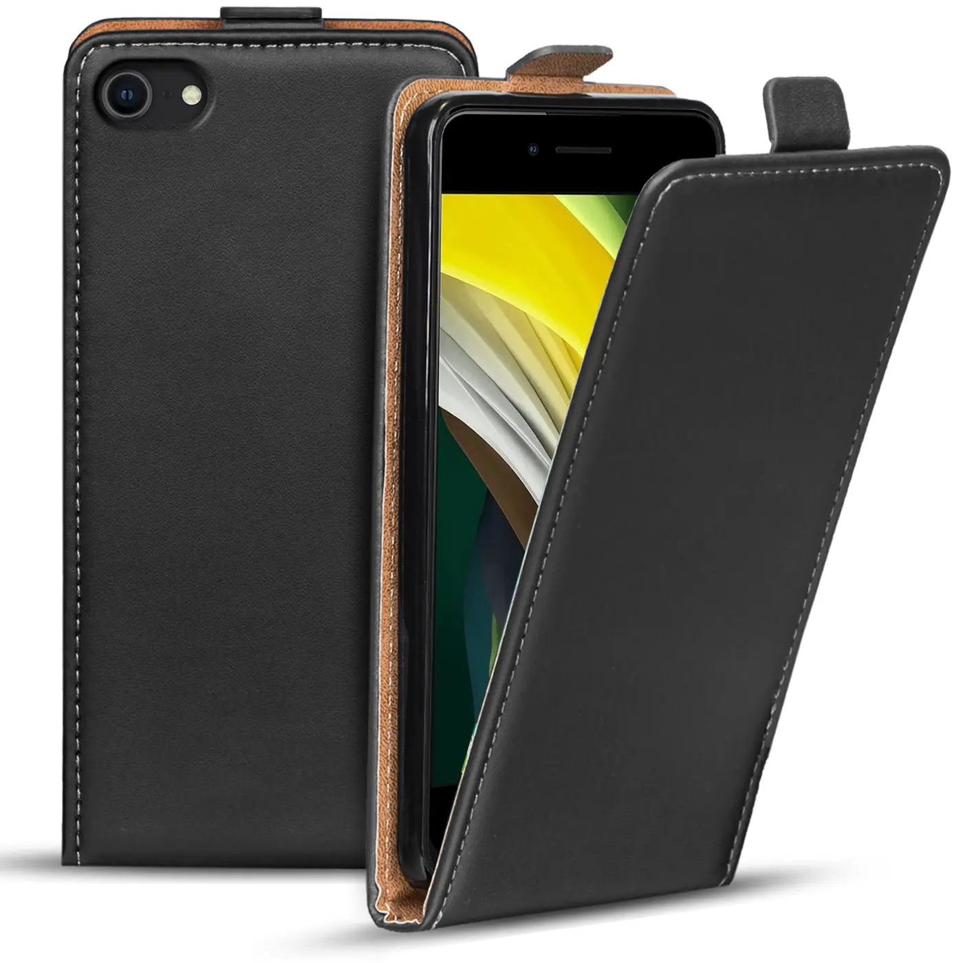 Schwarze Leder-Flip-Hülle mit braunem Innenfutter, zeigt iPhone 7/8/SE 2/SE 3, Vorderansicht.