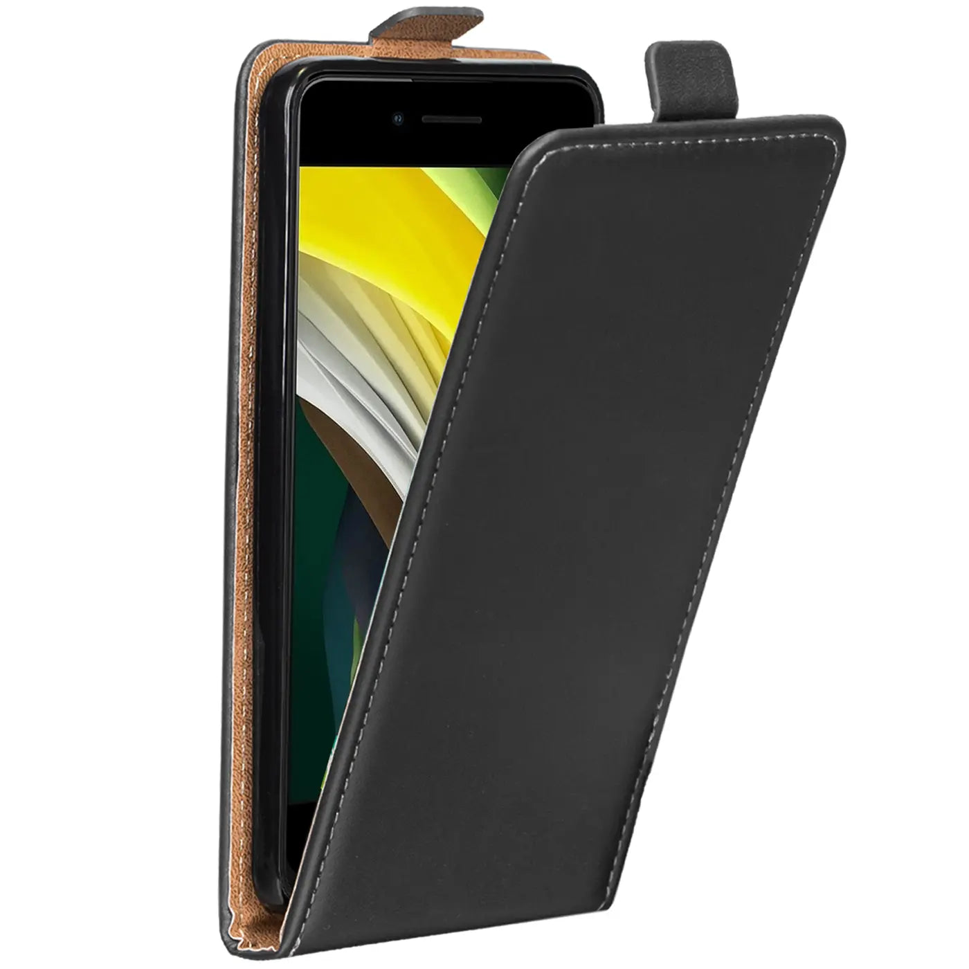 Schwarze Leder-Flip-Hülle mit braunem Innenfutter, schräg von vorne auf ein iPhone 7/8/SE 2/SE 3