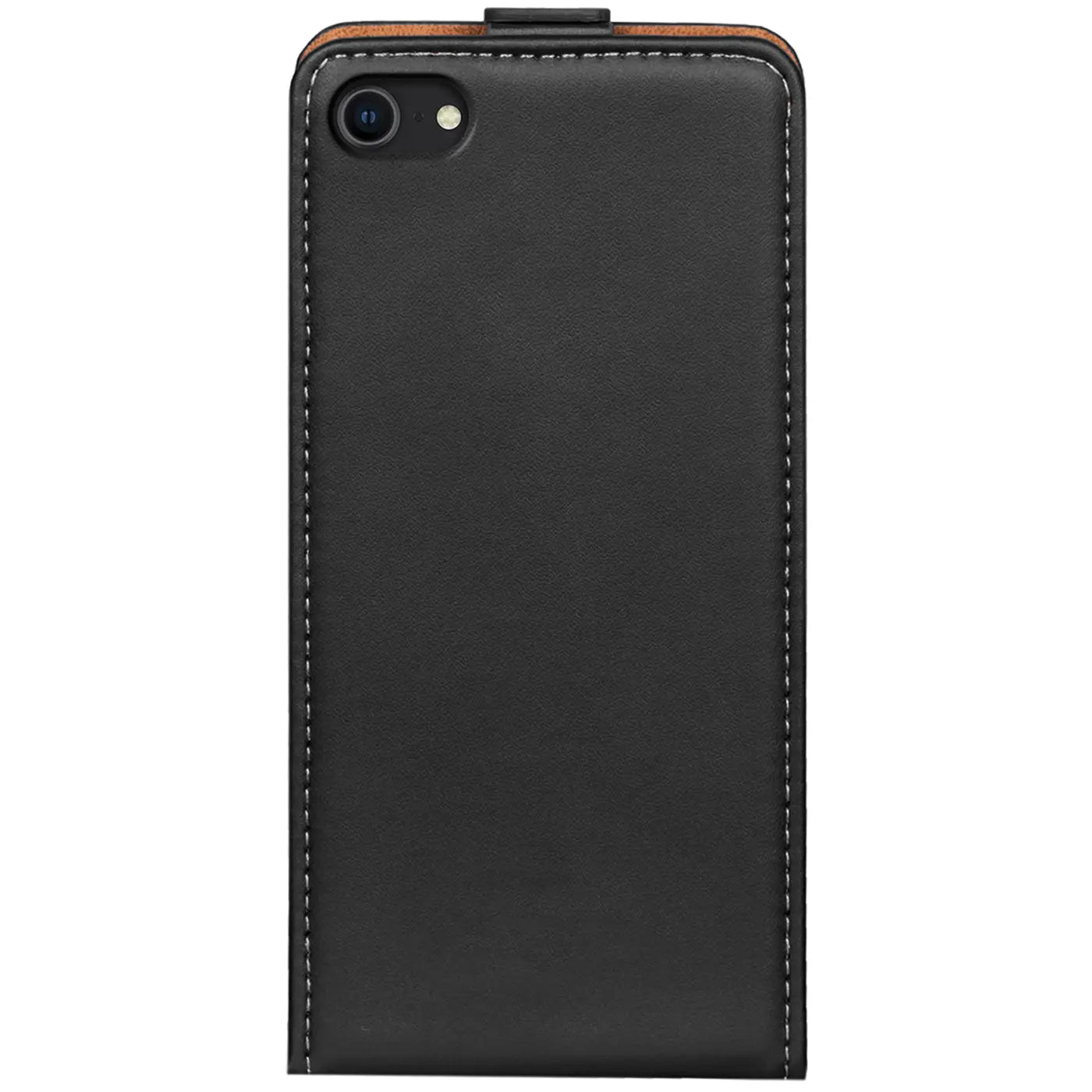 Schwarze Leder-Flip-Hülle mit Holzdetail, von oben auf ein iPhone 7/8/SE 2/SE 3 gelegt.