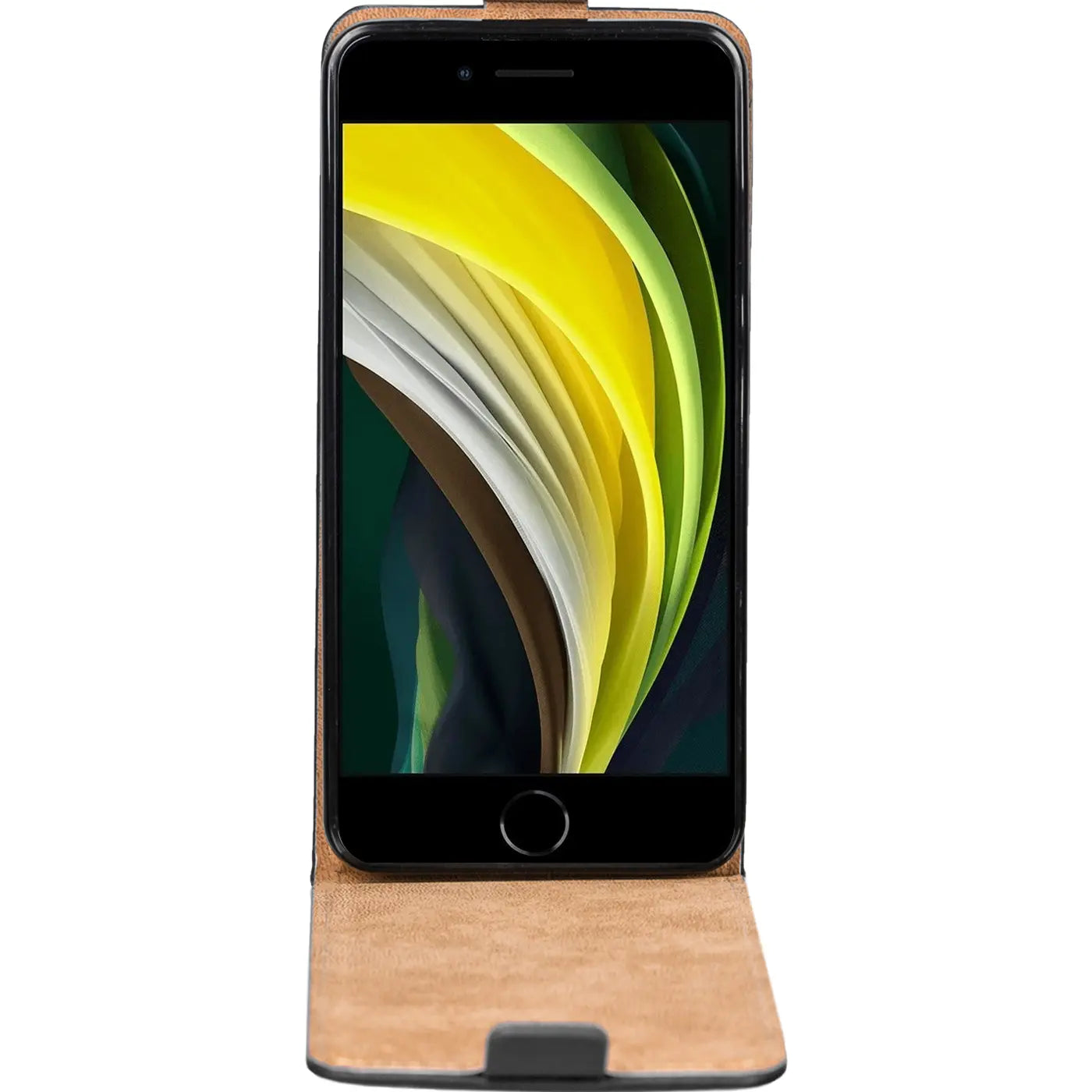 Braunes Leder-Flip-Case mit iPhone SE (3. Gen.) von vorne, leicht geöffnet.