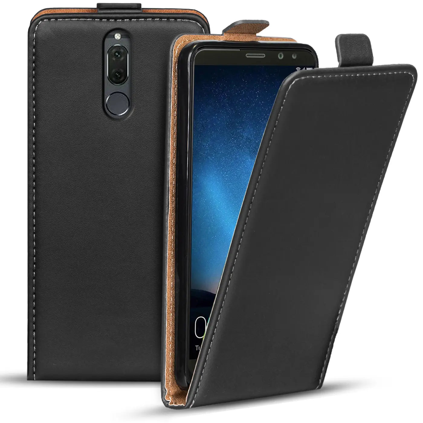 Schwarze Leder-Flip-Hülle mit braunem Rand für Huawei Mate 10 Lite, von vorne seitlich.