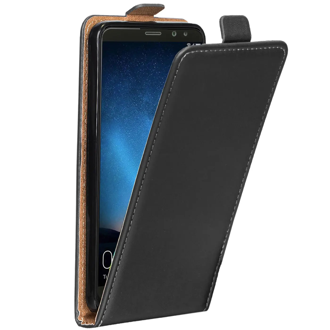 Schwarze Kunstleder-Flip-Hülle, schräg von vorne, mit Huawei Mate 10 Lite.
