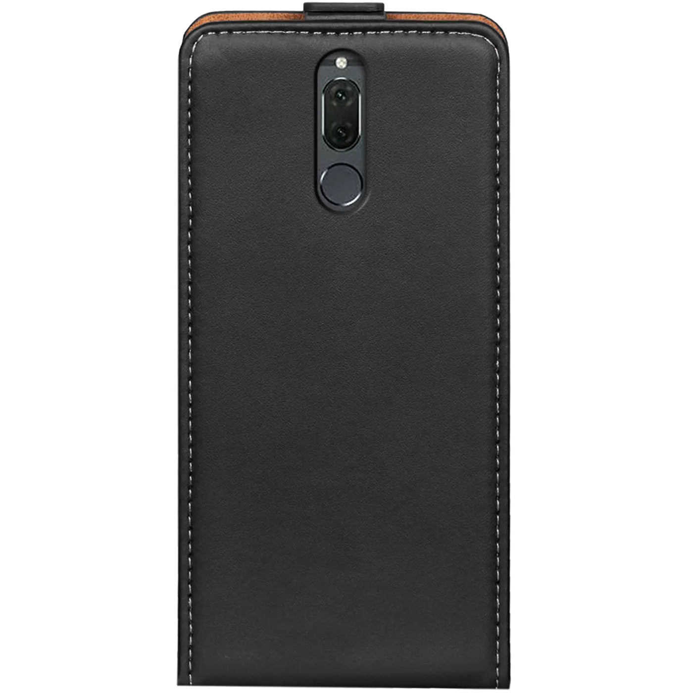 Schwarze Leder-Flip-Hülle mit Nähten, Rückansicht, für Huawei Mate 10 Lite.
