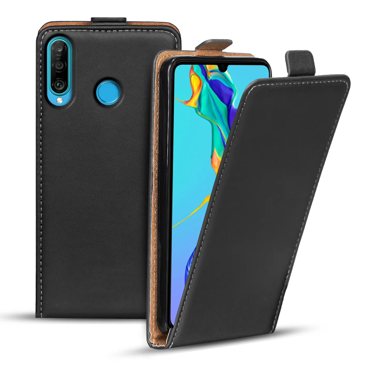 Schwarze Leder-Flip-Hülle mit braunem Rand für Huawei P30 Lite, von vorne schräg gezeigt.