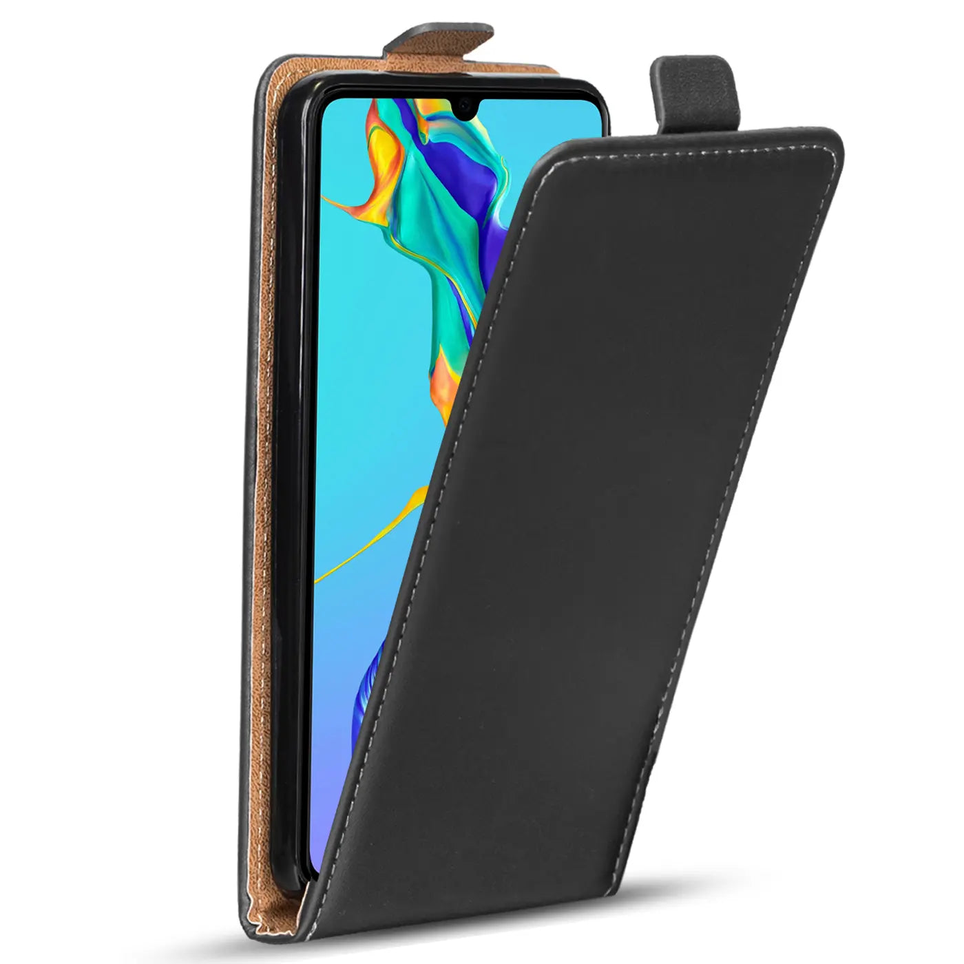 Schwarze Leder-Flip-Hülle, seitliche Ansicht, zeigt Huawei P30 Lite.