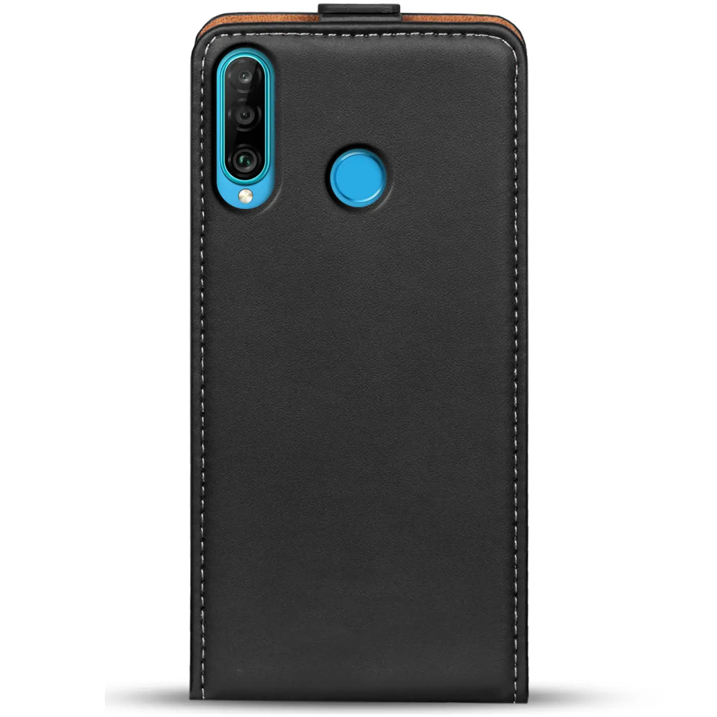 Schwarze Leder-Flip-Hülle mit Nähten, Rückansicht, Huawei P30 Lite mit Kamera und Fingerabdrucksensor