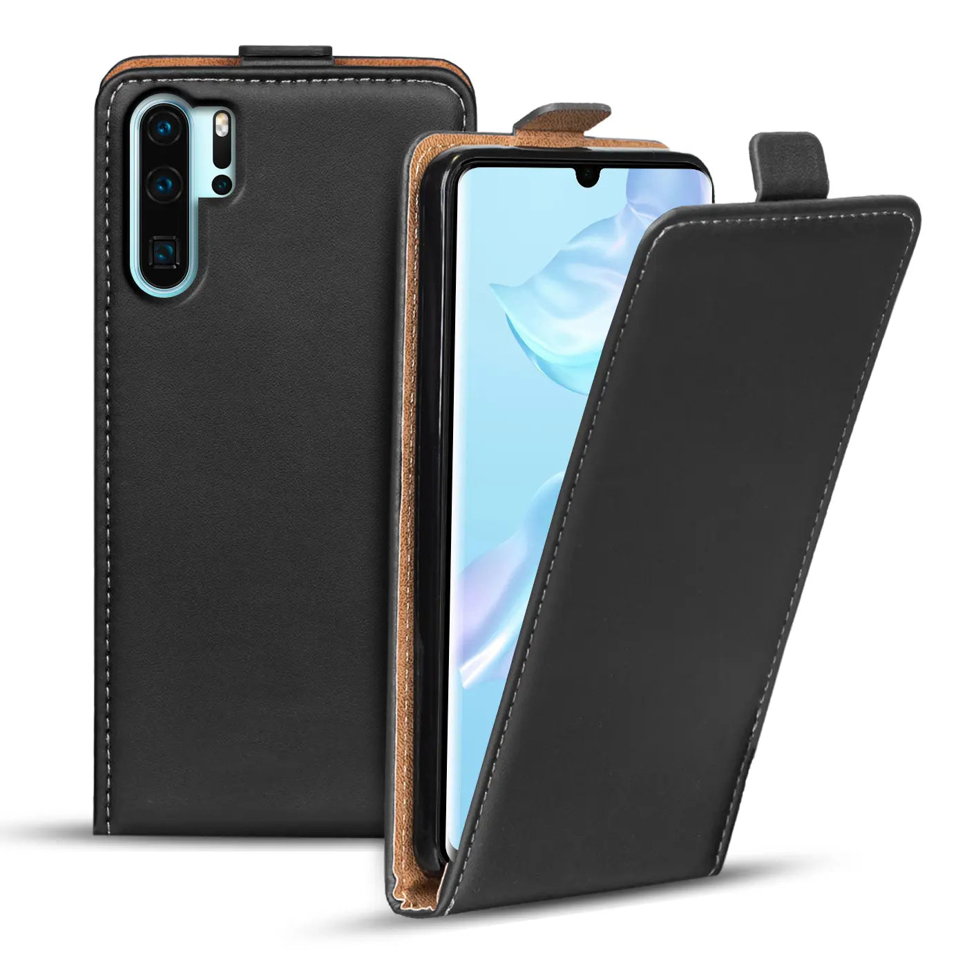 Schwarze Leder-Flip-Hülle mit braunem Rand für Huawei P30 Pro, von vorne.