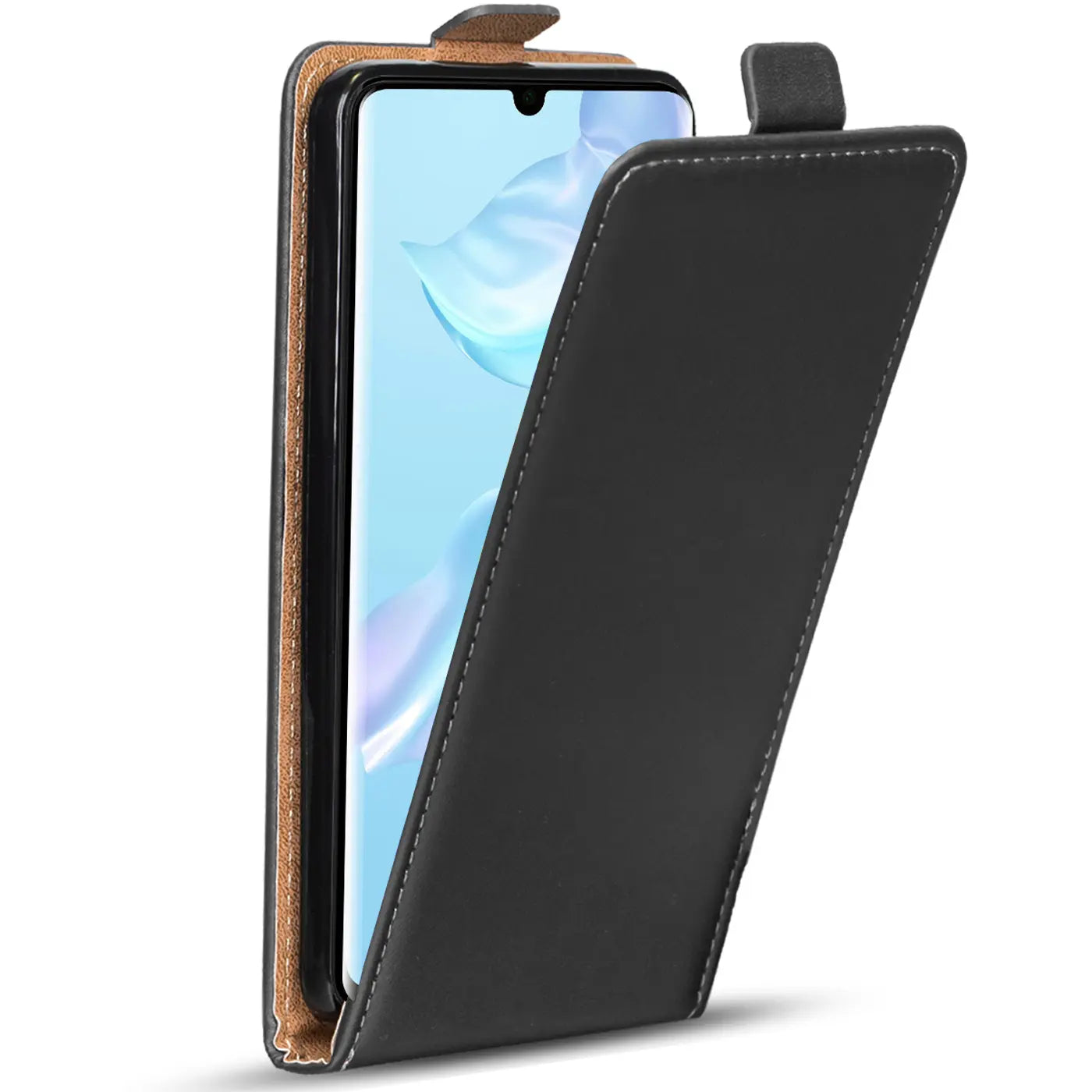Schwarze Leder-Flip-Hülle mit Naht, zeigt Huawei P30 Pro von vorne, leicht schräg.