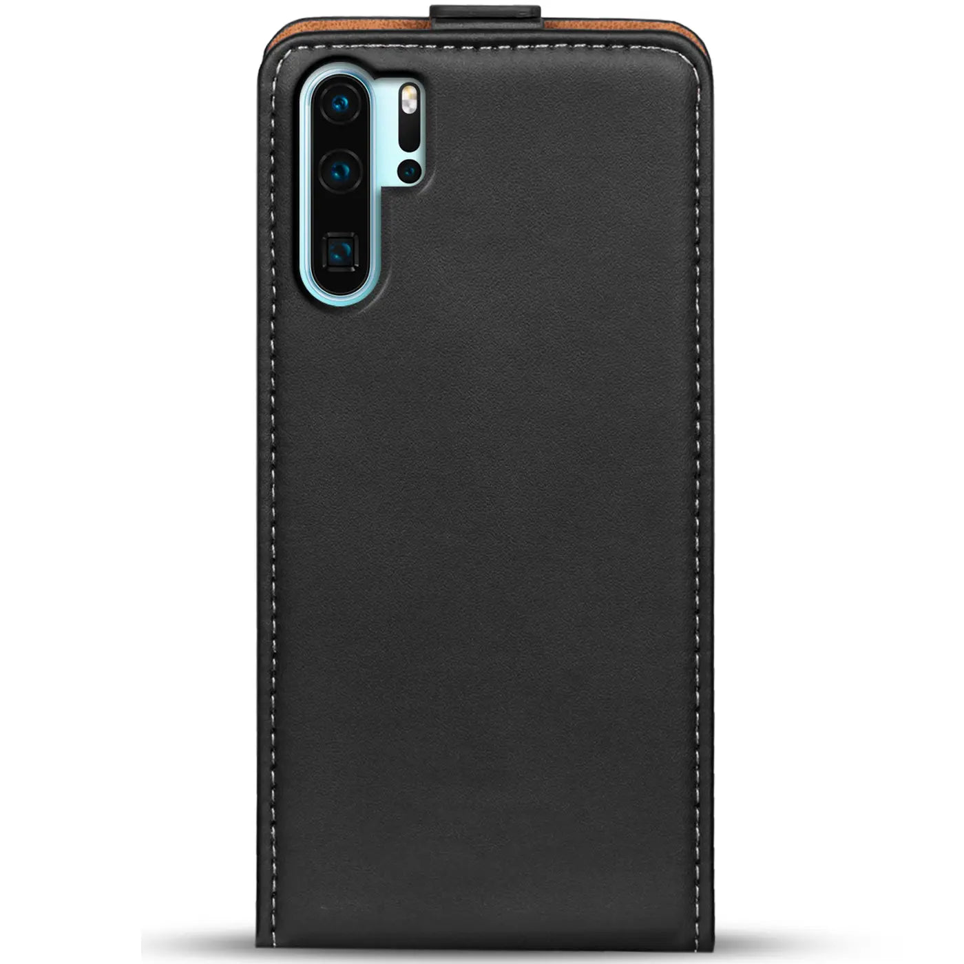 Schwarze Leder-Flip-Hülle mit Nähten, Vorderansicht, für Huawei P30 Pro.