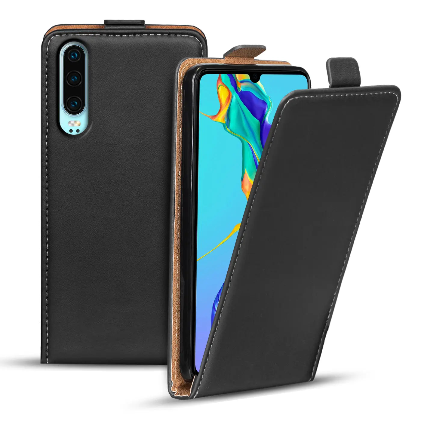 Schwarze Leder-Flip-Hülle, offen, zeigt Huawei P30, von vorne links