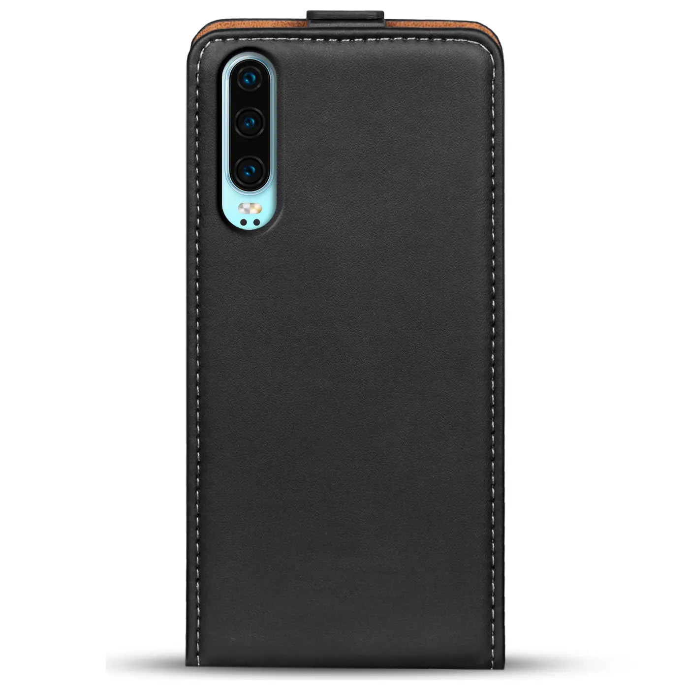 Schwarze Leder-Flip-Hülle für Huawei P30, Rückansicht, mit sichtbarer Kamera