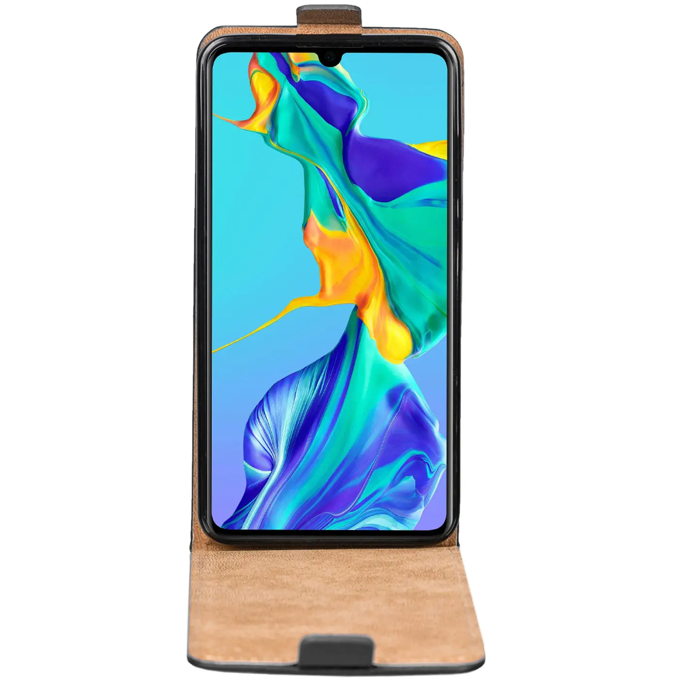 Braune Leder-Flip-Hülle, geöffnet, zeigt Huawei P30 von vorne.