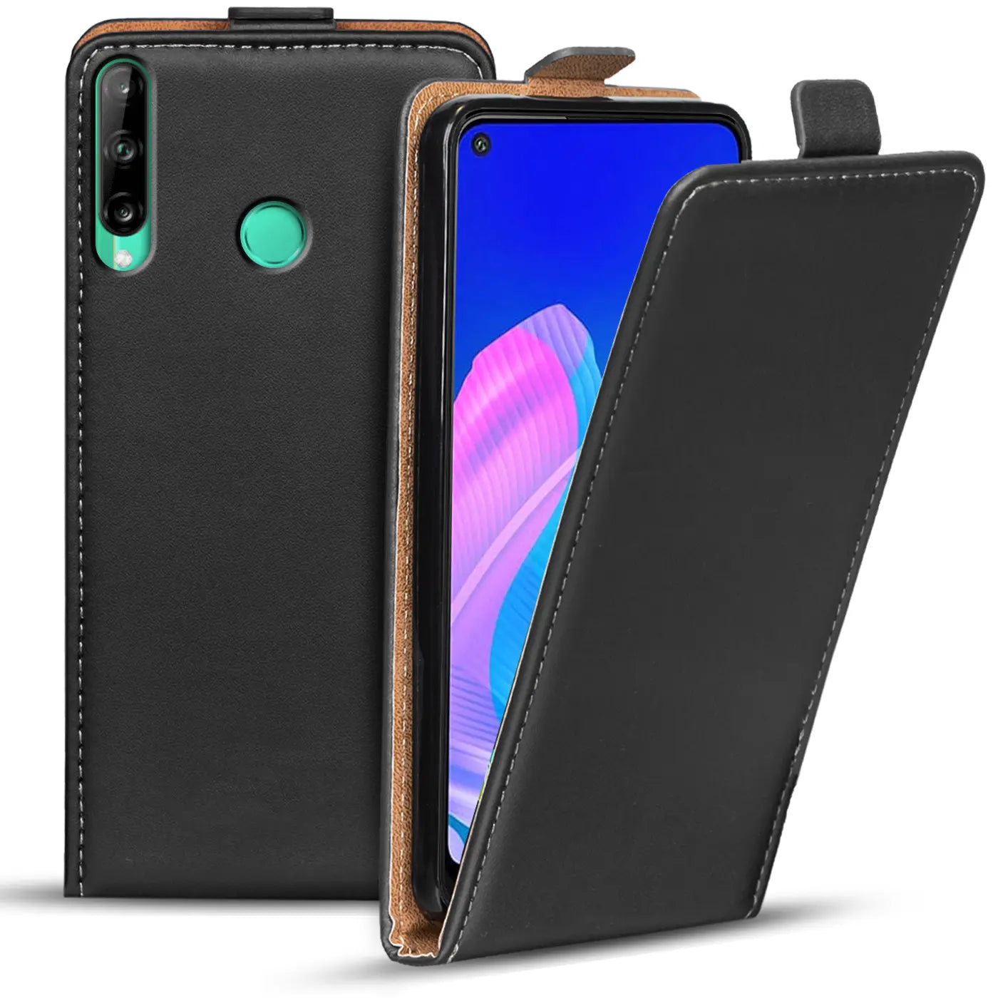 Schwarze Leder-Flip-Hülle mit braunem Innenfutter, zeigt Huawei P40 Lite E.