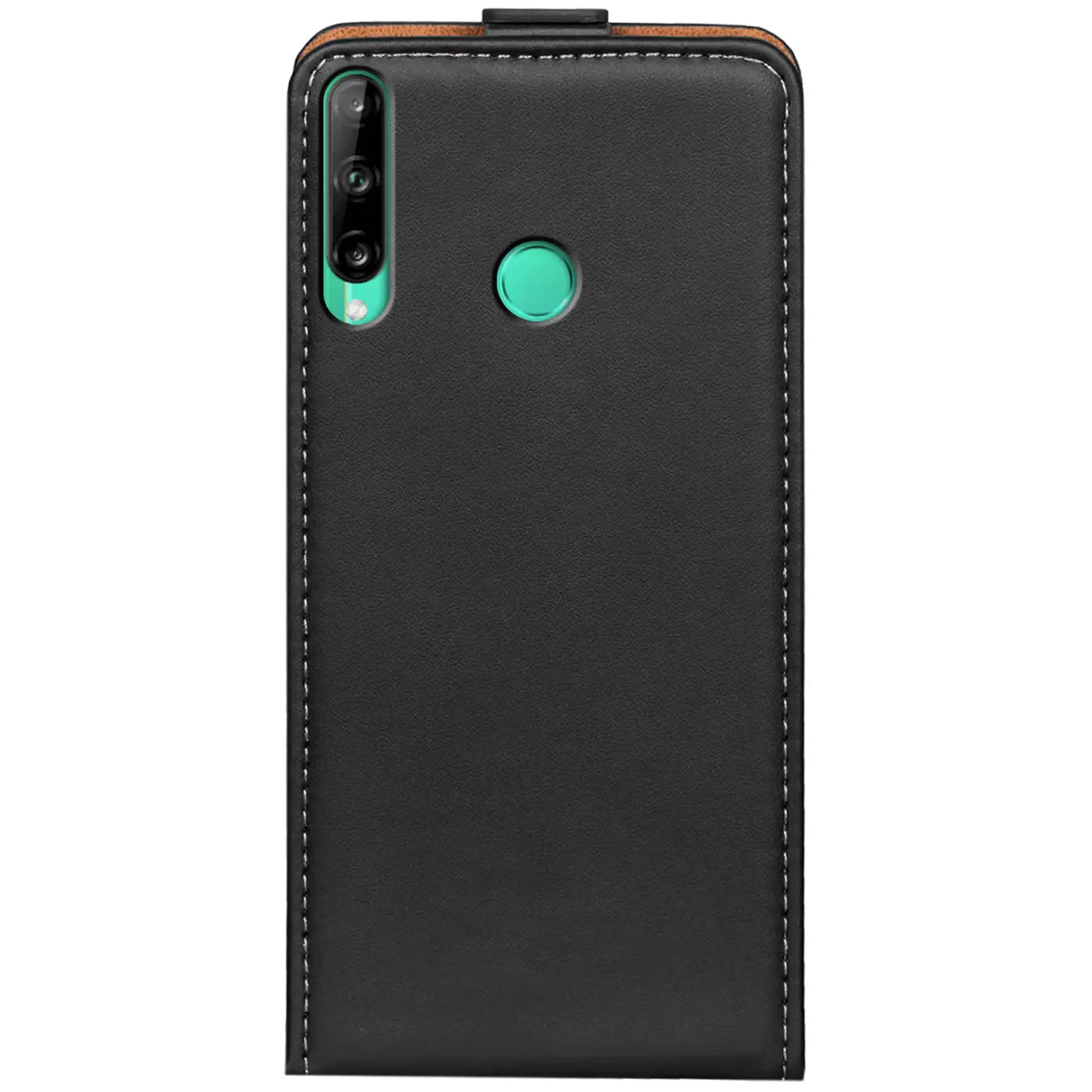 Schwarze Leder-Flip-Hülle für Huawei P40 Lite E, Rückansicht