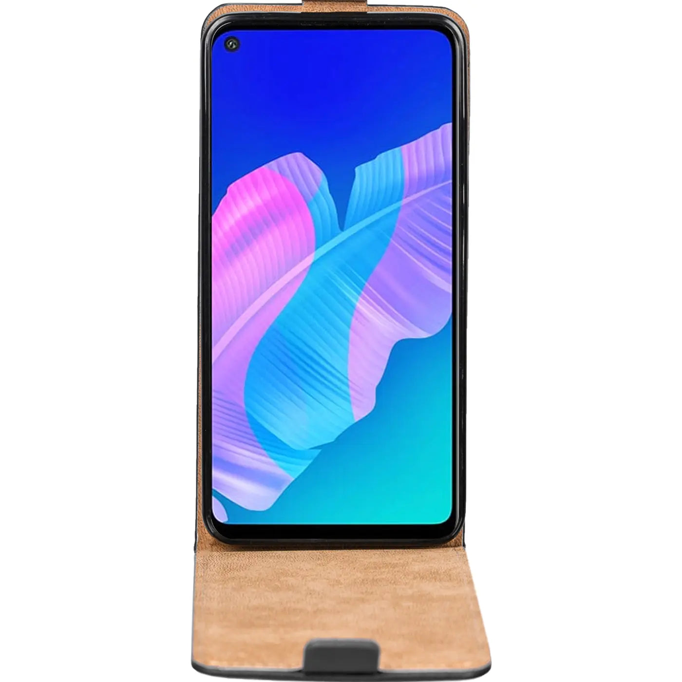 Braune Leder-Flip-Hülle mit offenem Huawei P40 Lite E von vorne.