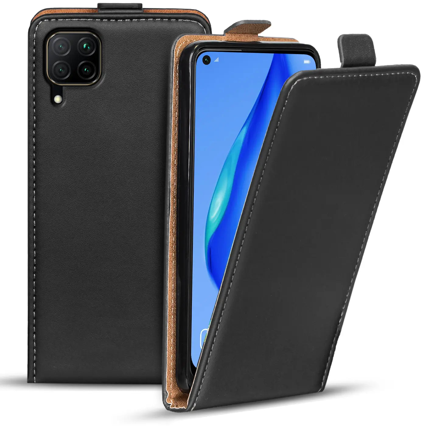 Schwarze Leder-Flip-Hülle mit braunem Innenfutter für Huawei P40 Lite, von vorne schräg gezeigt.