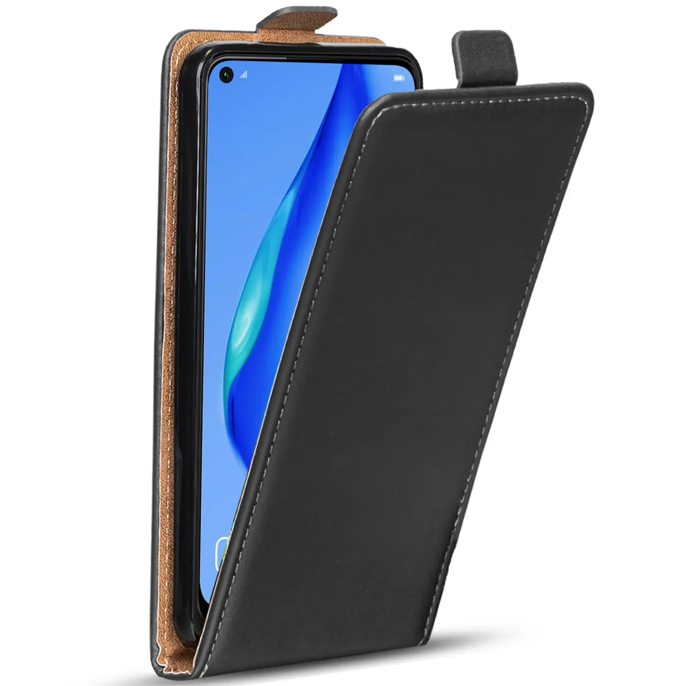 Schwarze Leder-Flip-Hülle, leicht geöffnet, zeigt Huawei P40 Lite.