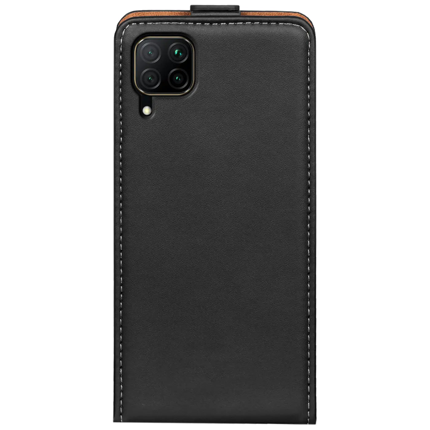 Schwarze Leder-Flip-Hülle für Huawei P40 Lite, Rückansicht, Nahaufnahme.