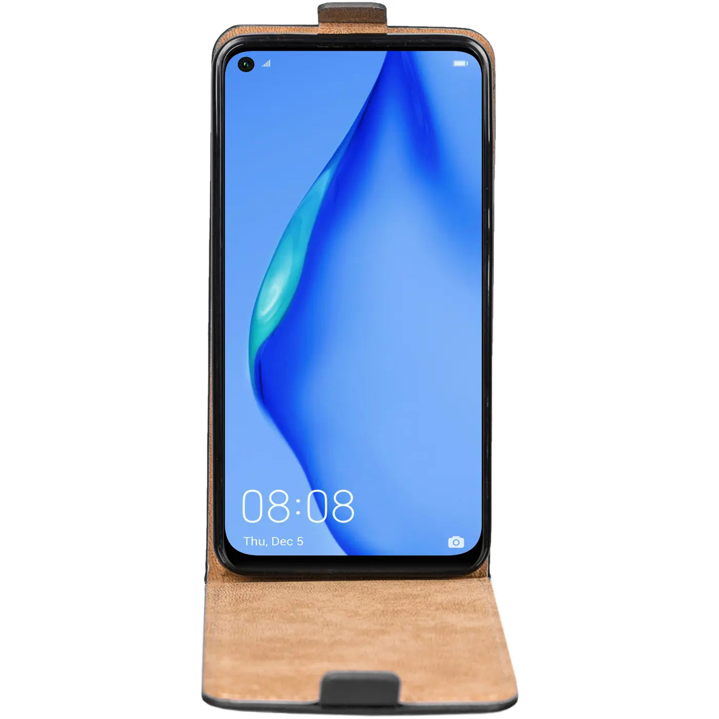 Huawei P40 Lite in brauner Leder-Flip-Hülle, Vorderansicht