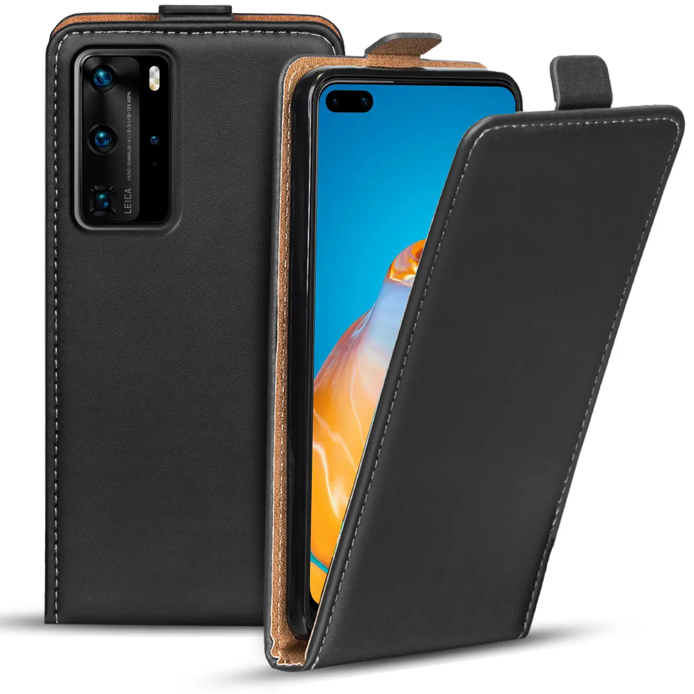 Schwarze Leder-Flip-Hülle für Huawei P40 Pro, von vorne schräg gezeigt, mit geöffneter Klappe.