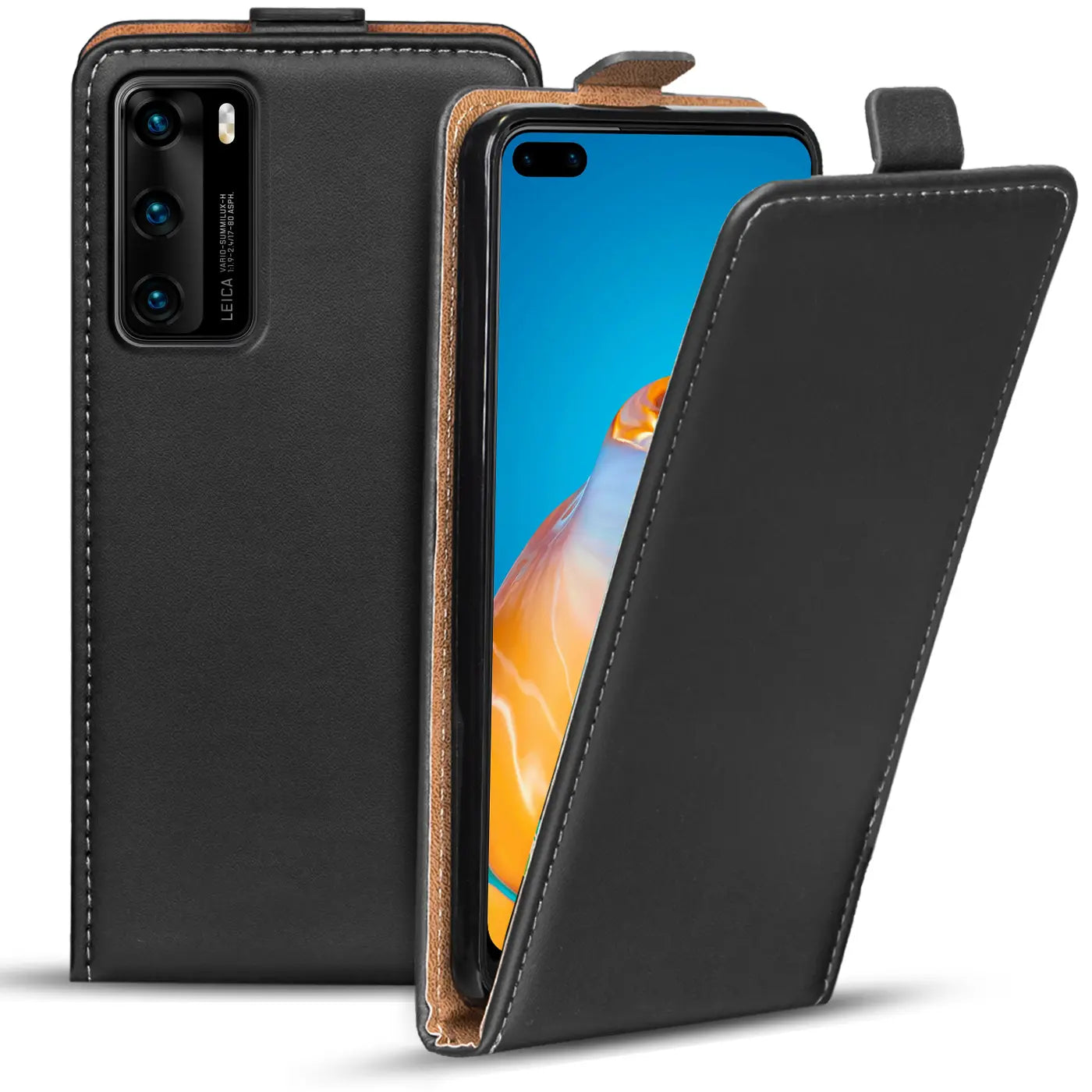 Schwarze Leder-Flip-Hülle mit braunem Rand, zeigt Huawei P40 von vorne und hinten.