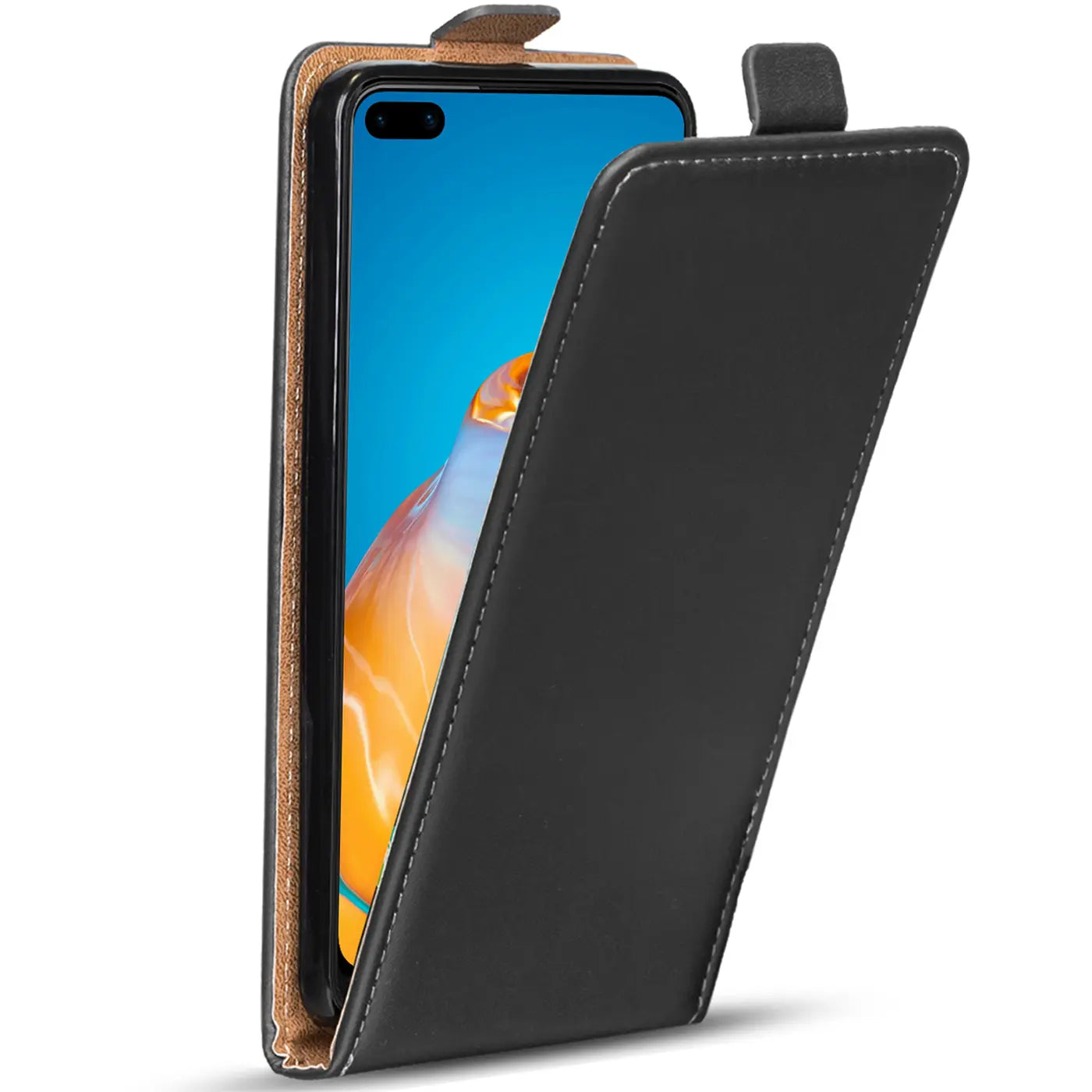 Schwarze Leder-Flip-Hülle, seitliche Ansicht, zeigt Huawei P40.