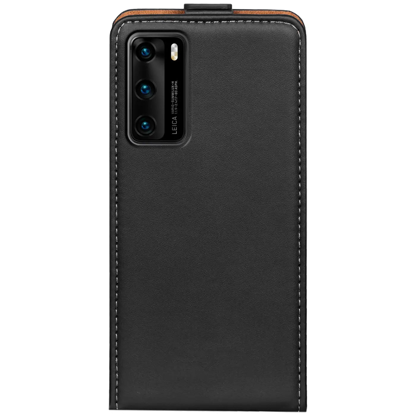 Schwarze Leder-Flip-Hülle für Huawei P40, Rückansicht