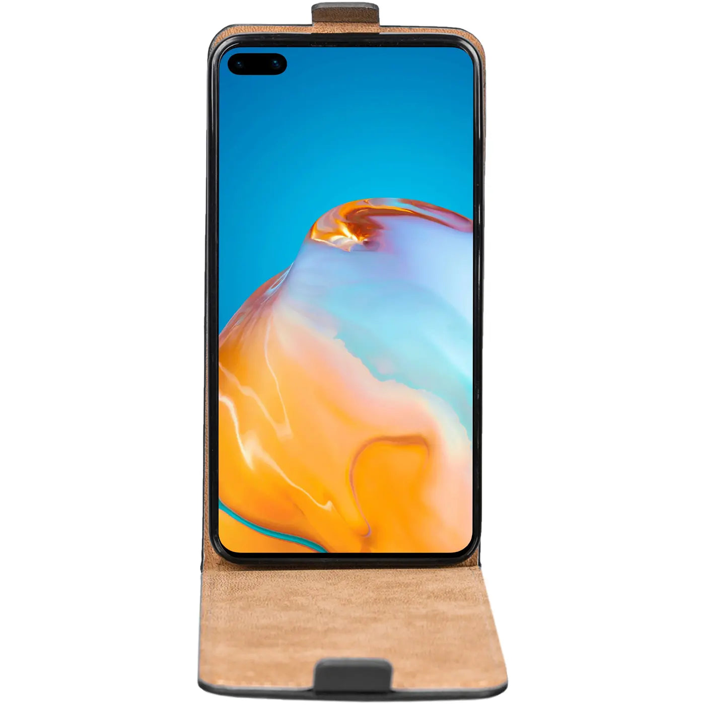 Braune Leder-Flip-Hülle, offen, zeigt Huawei P40 von vorne.