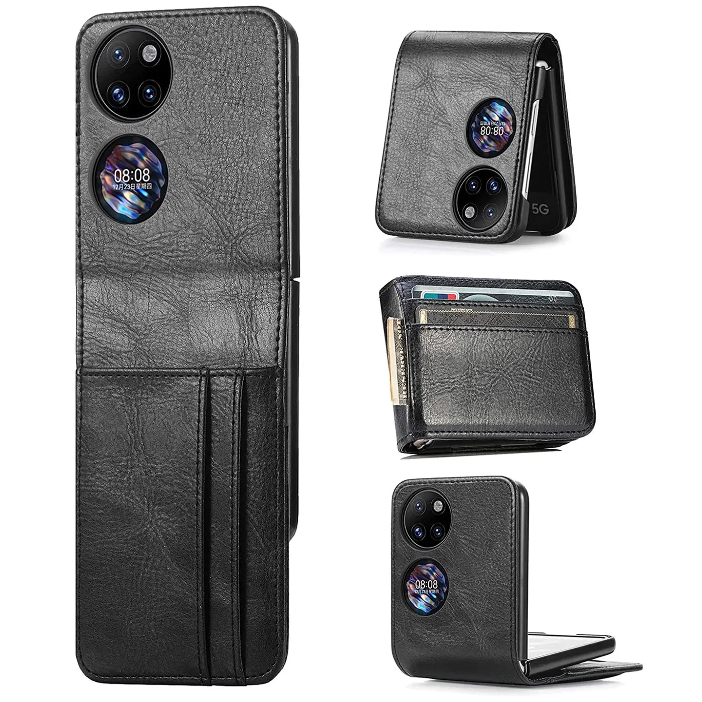 Schwarze Leder-Flip-Hülle mit Kartenfächern für Huawei P50 Pocket, verschiedene Ansichten.