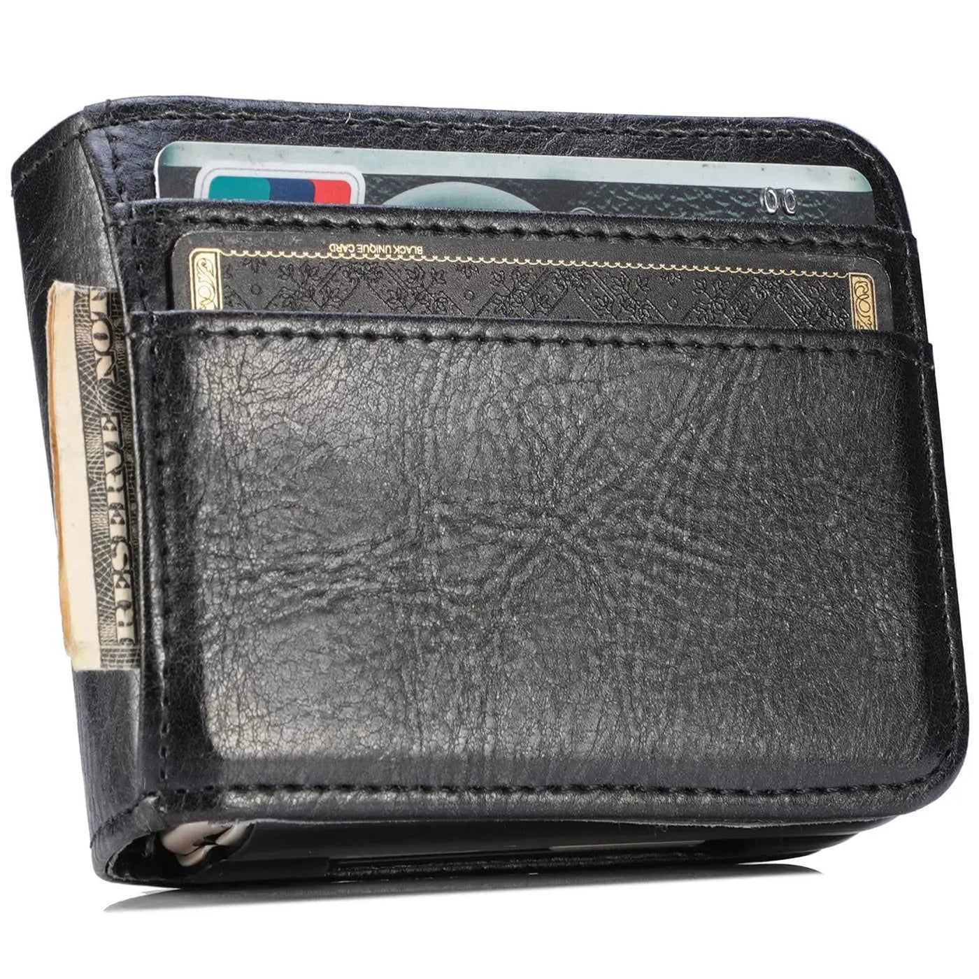 Schwarze Leder-Flip-Hülle mit Kartenfächern, Geld, von vorne leicht schräg