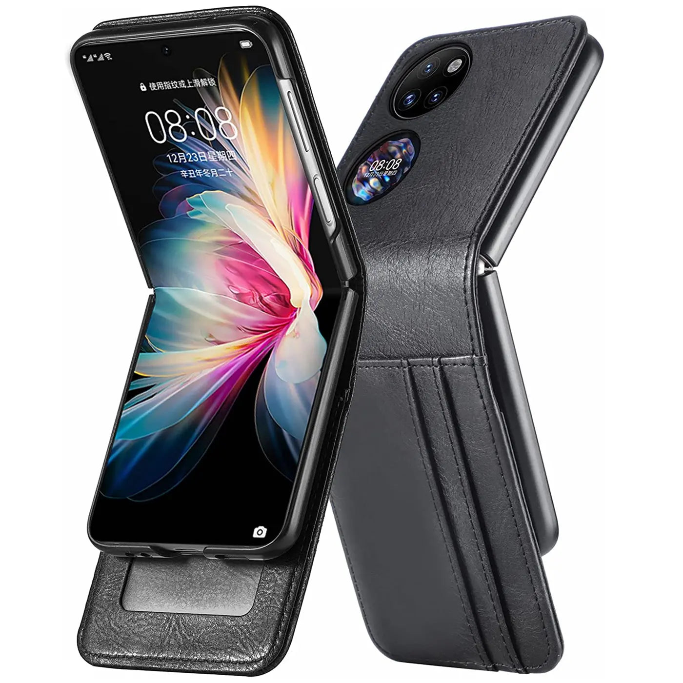 Schwarze Leder-Flip-Hülle für Huawei P50 Pocket, von vorne/seitlich, mit Kartenfächern.