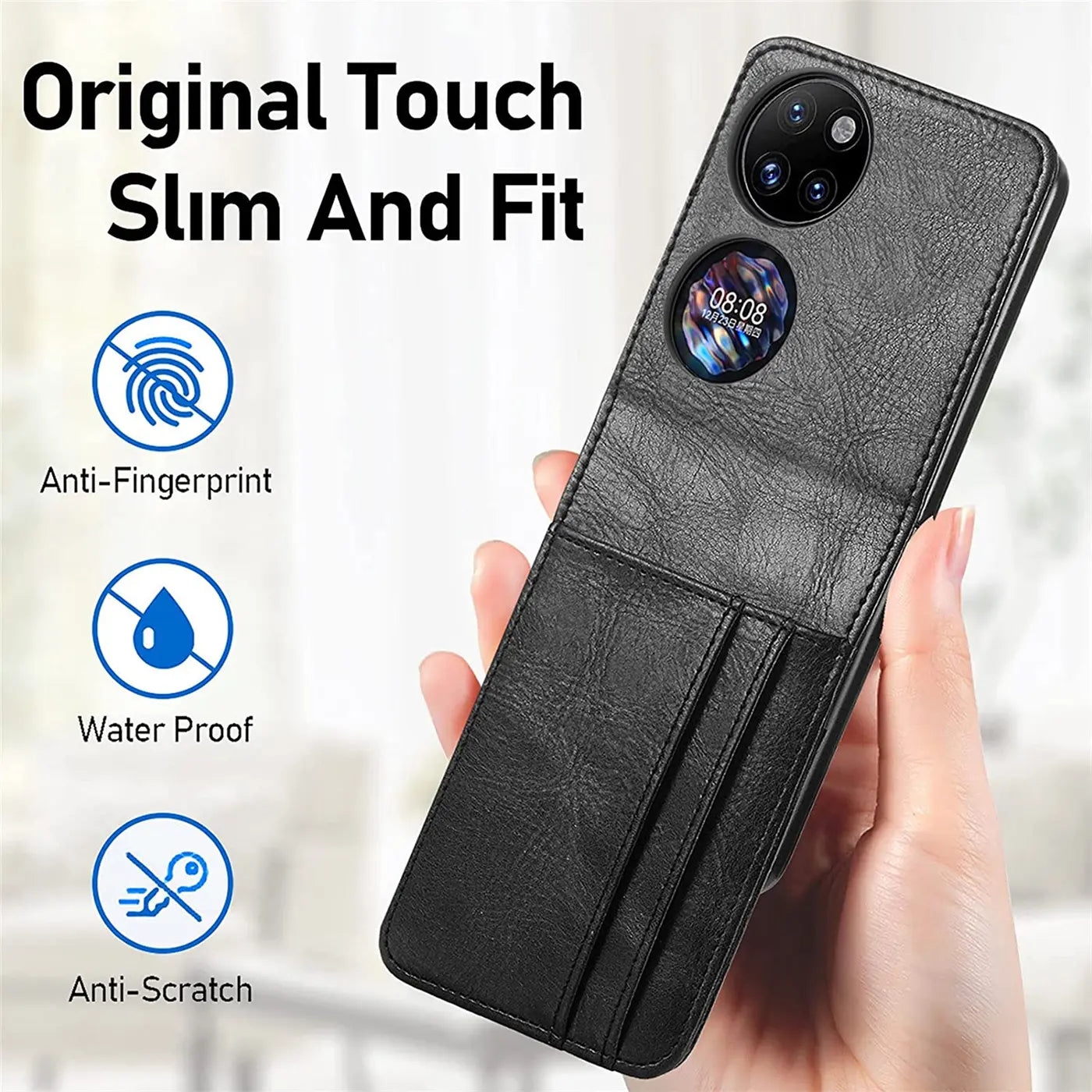 Schwarze Leder-Flip-Hülle für Huawei P50 Pocket, von vorne mit Kartenfächern.