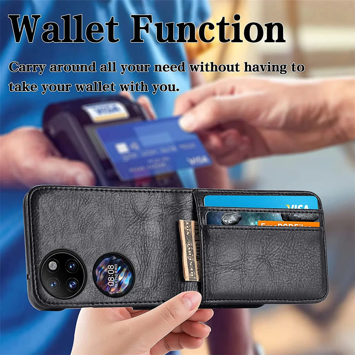Schwarze Leder-Flip-Hülle für Huawei P50 Pocket mit Kartenfächern, von vorne gezeigt.