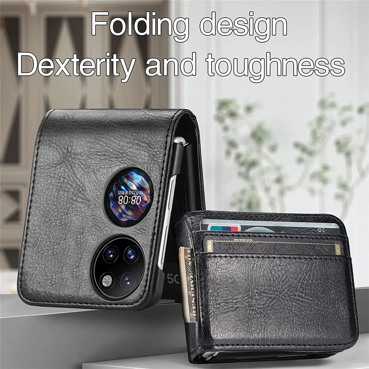 Huawei P50 Pocket Flip Klapphülle in Schwarz mit Kartenfächern