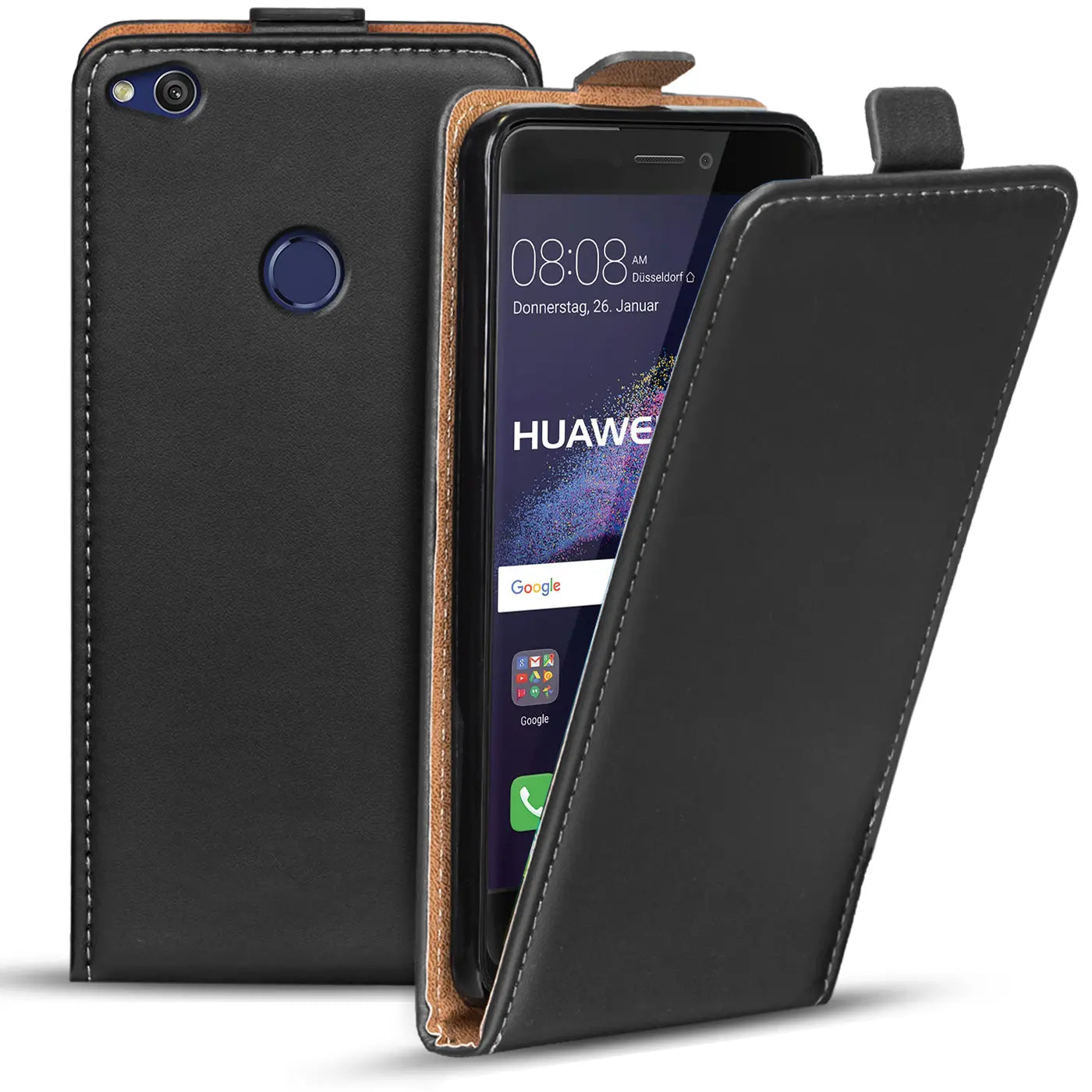 Schwarze Leder-Flip-Hülle mit braunem Innenfutter, zeigt Huawei P8 Lite 2017.
