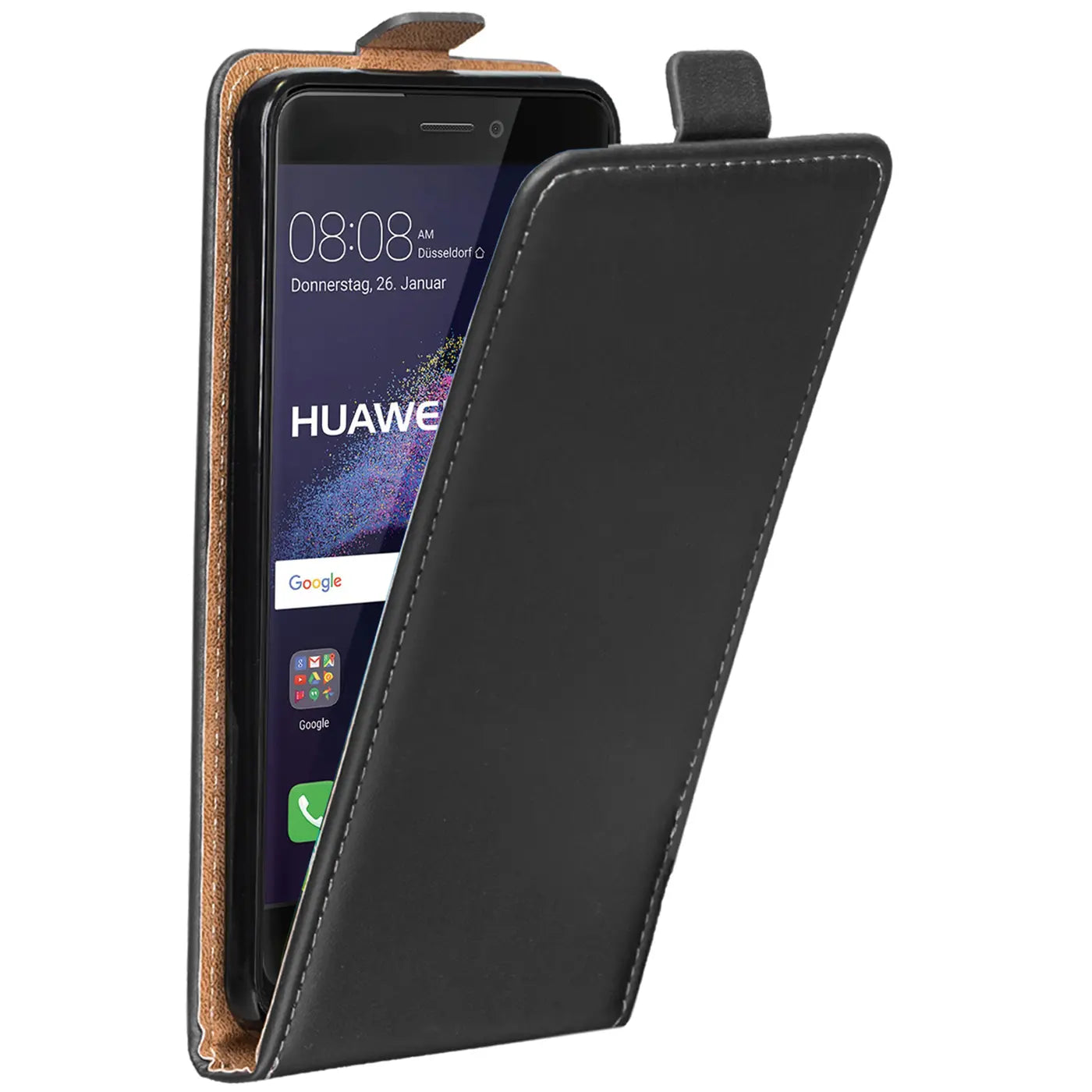 Schwarze Kunstleder-Flip-Hülle für Huawei P8 Lite 2017, von vorne schräg geöffnet.