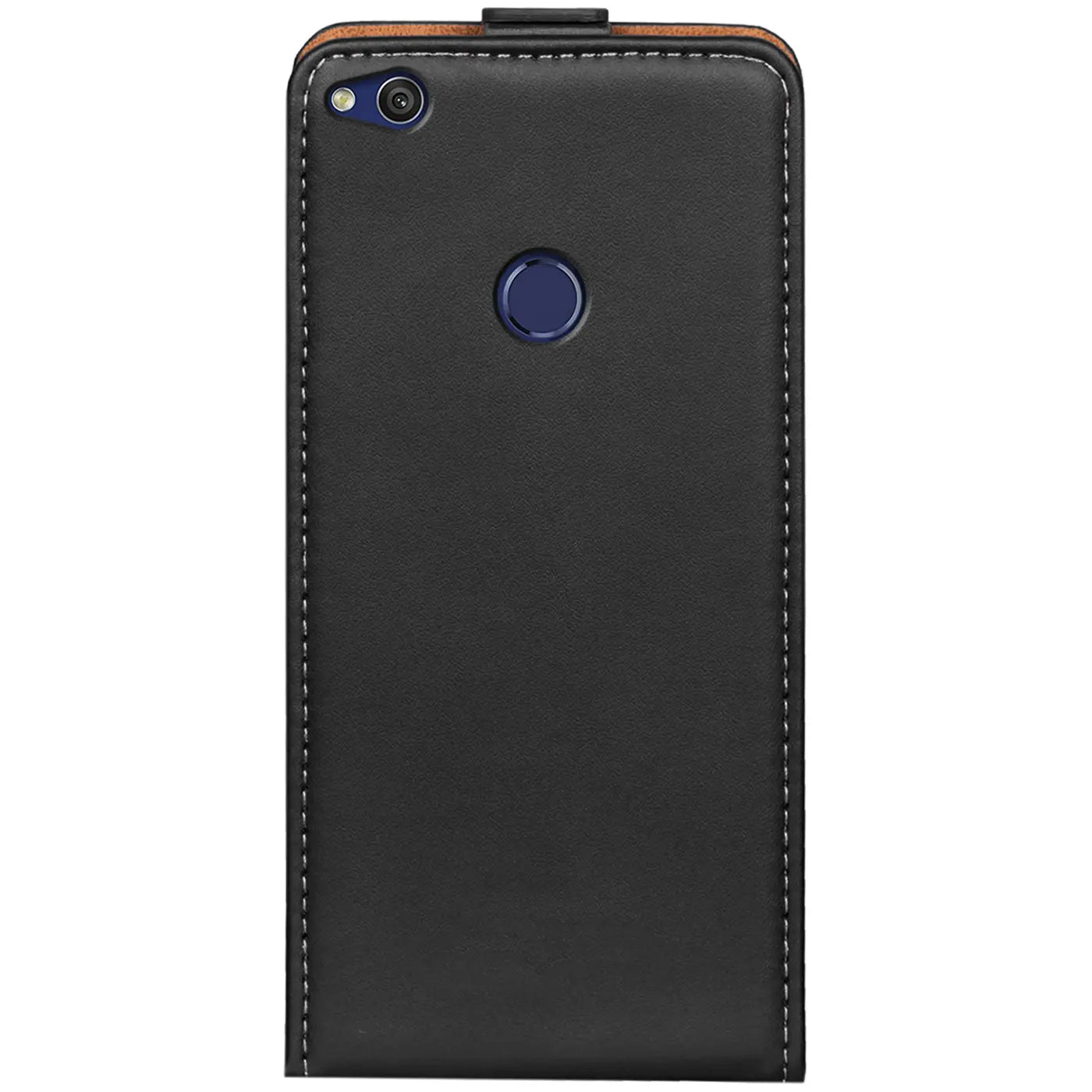 Schwarze Leder-Flip-Hülle für Huawei P8 Lite 2017, von vorne, mit Kamera- und Fingerabdrucksensor-Aussparungen.